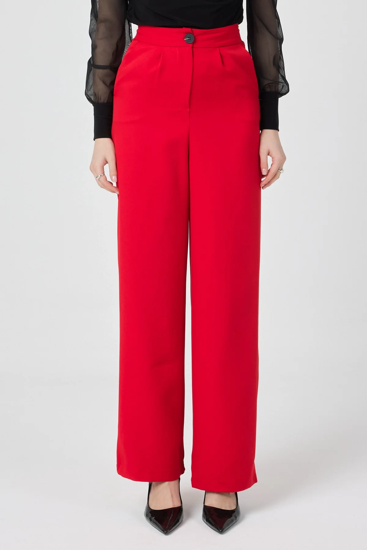 Kadın Yüksek Bel Palazzo Pantolon Kırmızı