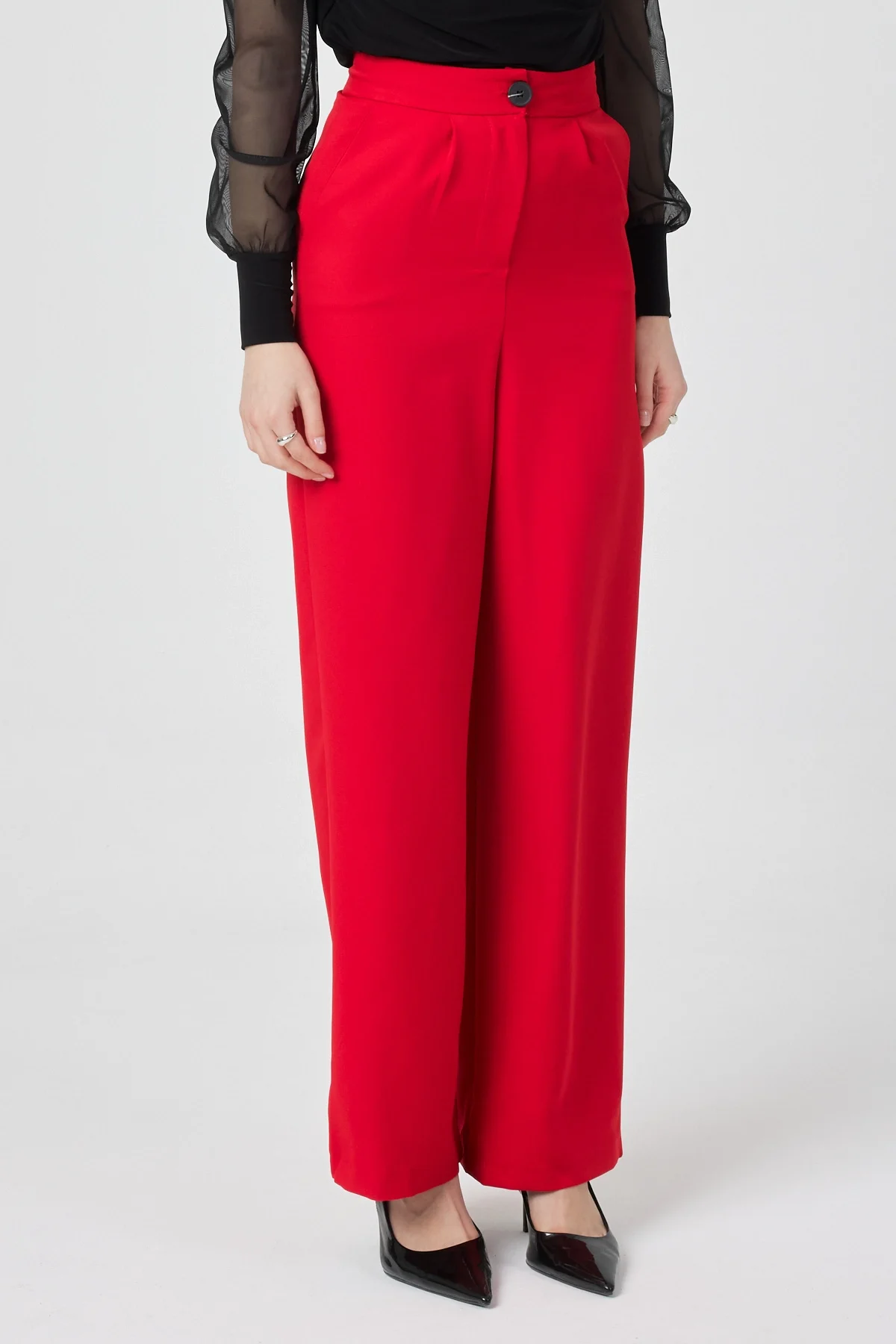 Kadın Yüksek Bel Palazzo Pantolon Kırmızı