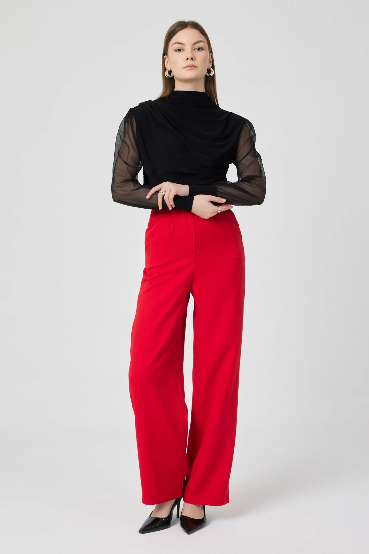 Kadın Yüksek Bel Palazzo Pantolon Kırmızı