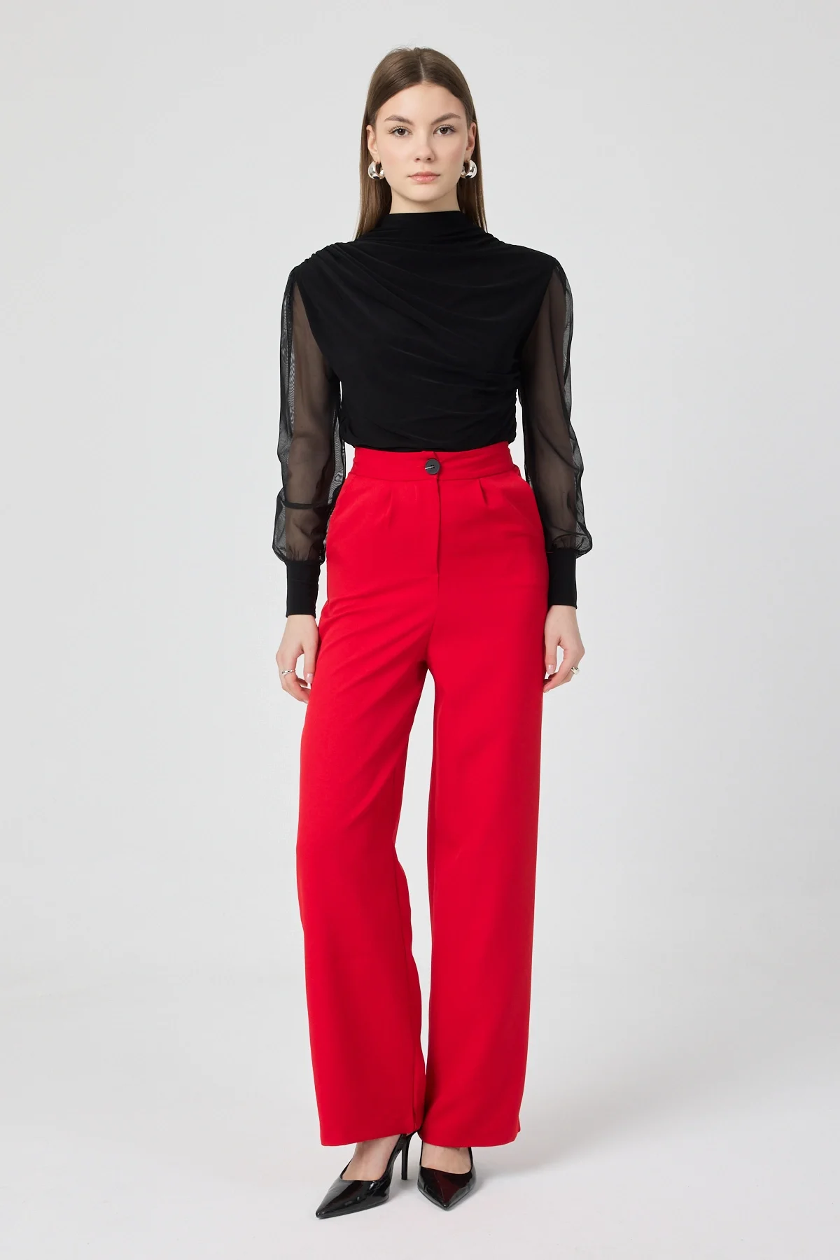 Kadın Yüksek Bel Palazzo Pantolon Kırmızı