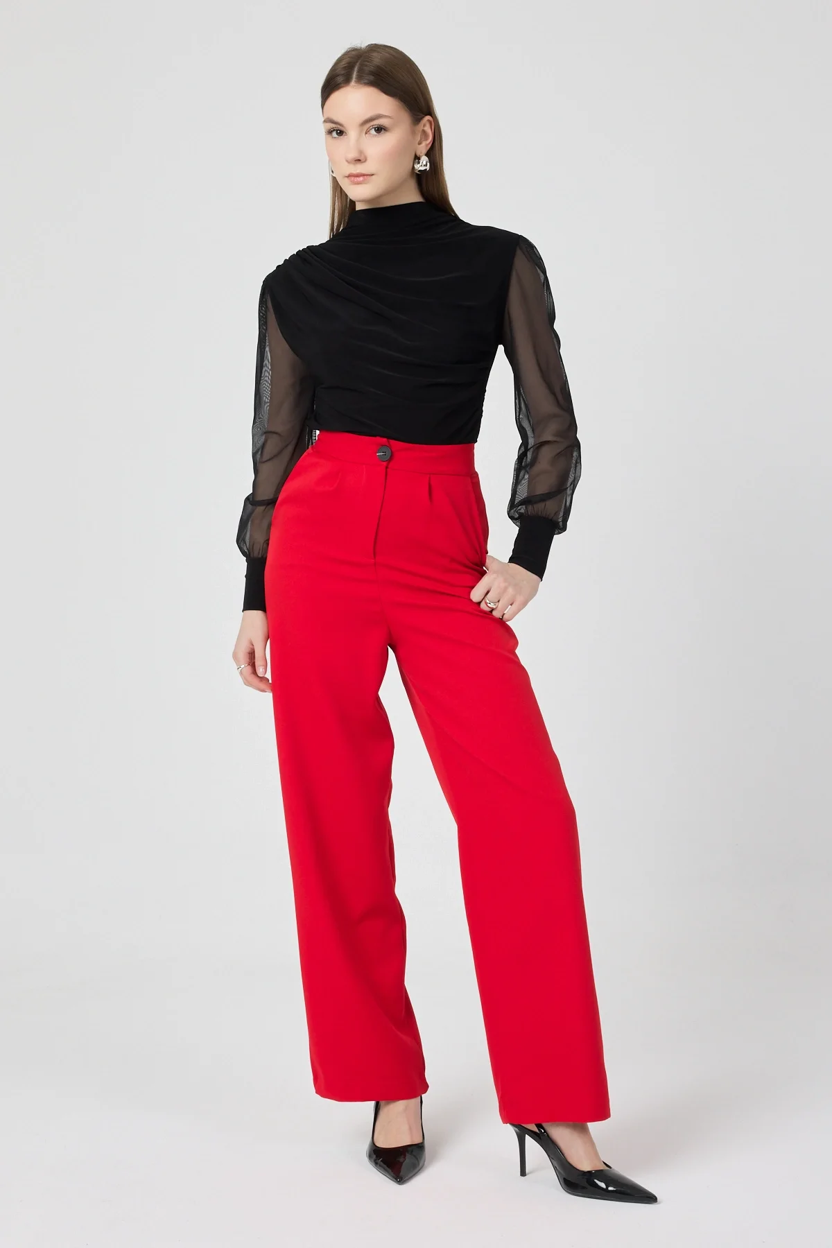 Kadın Yüksek Bel Palazzo Pantolon Kırmızı