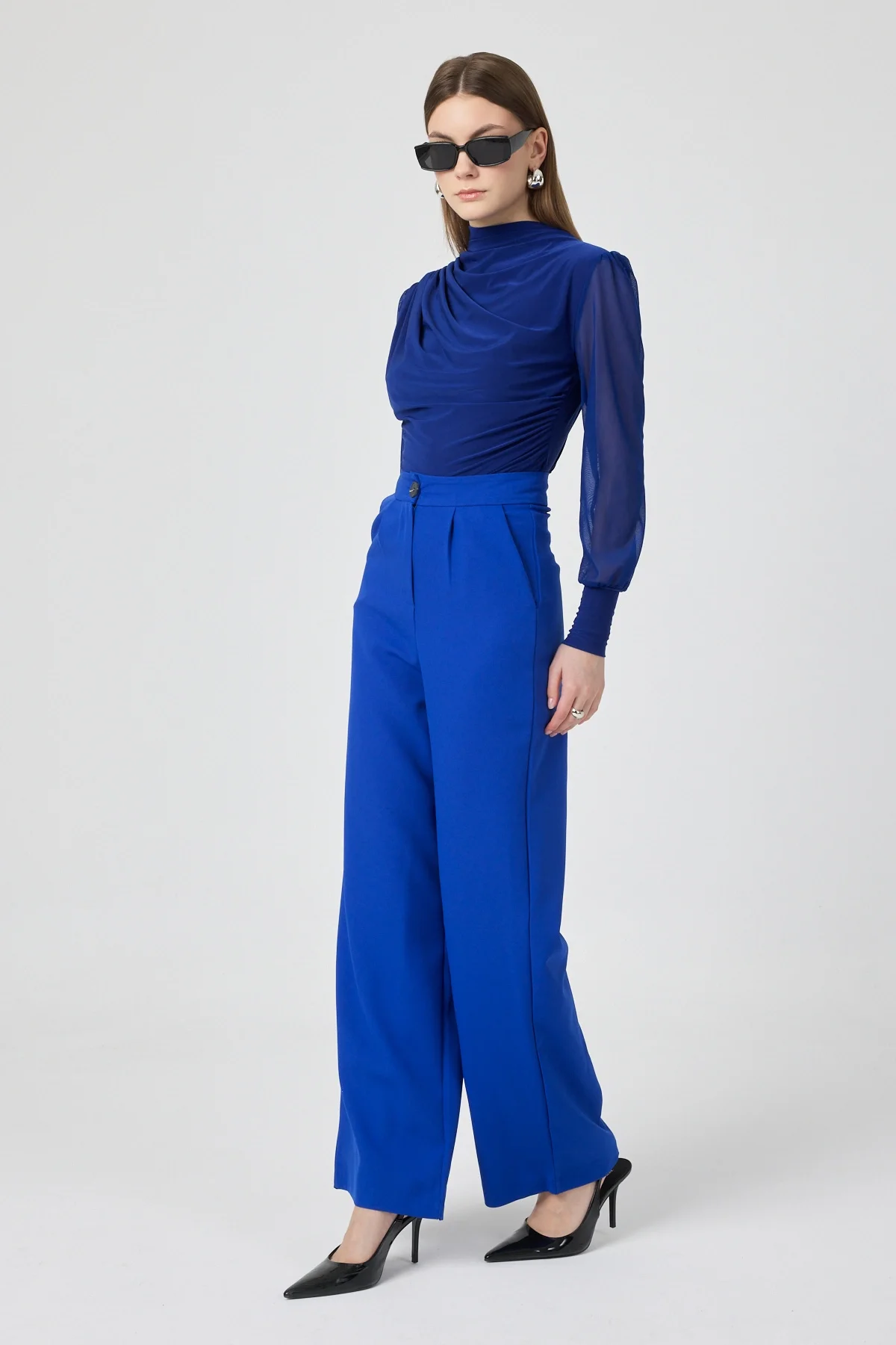Kadın Yüksek Bel Palazzo Pantolon Mavi
