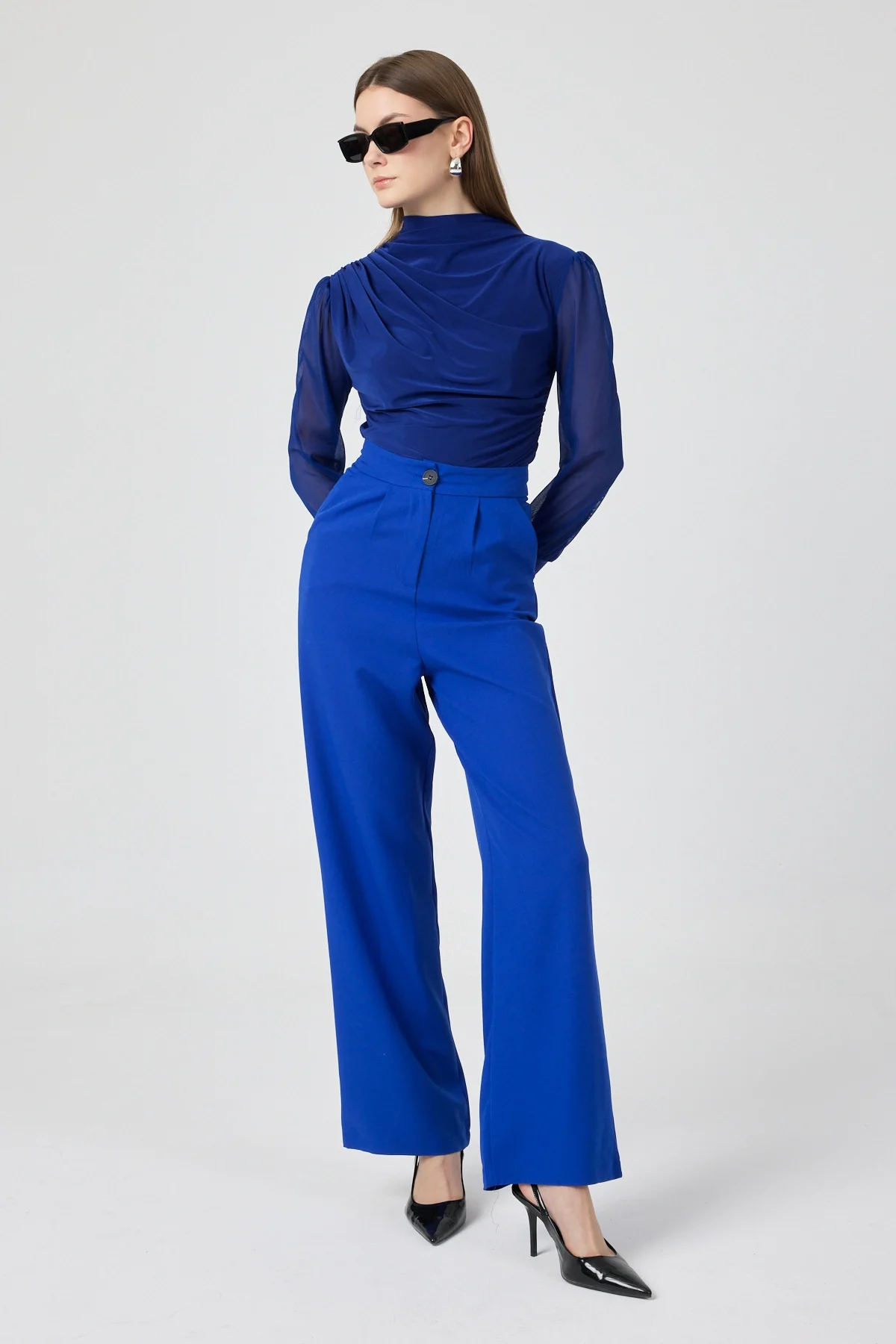 Kadın Yüksek Bel Palazzo Pantolon Mavi