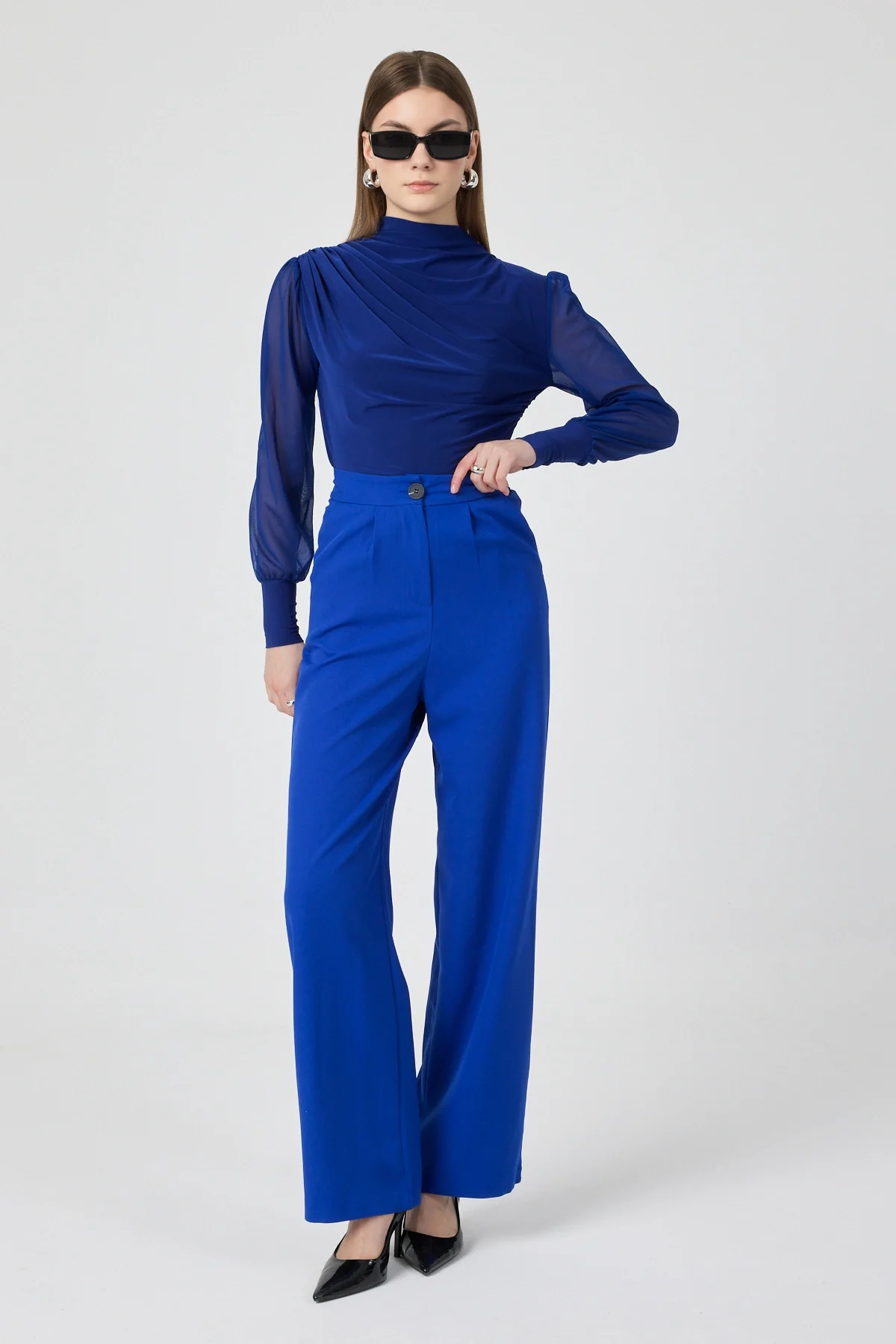 Kadın Yüksek Bel Palazzo Pantolon Mavi