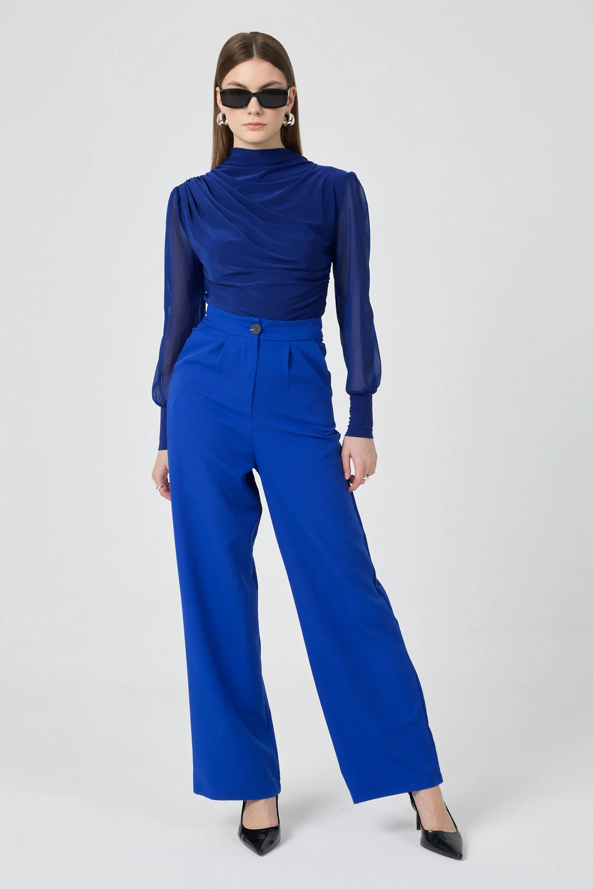 Kadın Yüksek Bel Palazzo Pantolon Mavi