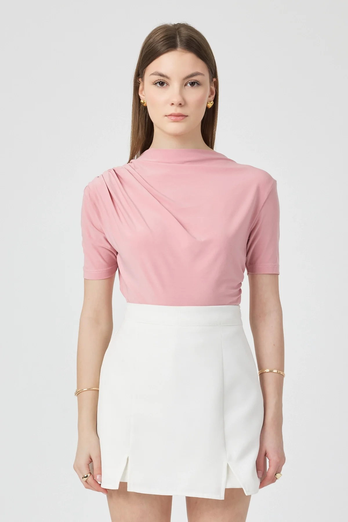 Kadın Pembe Omuzları Drapeli Kolsuz Sandy Bluz