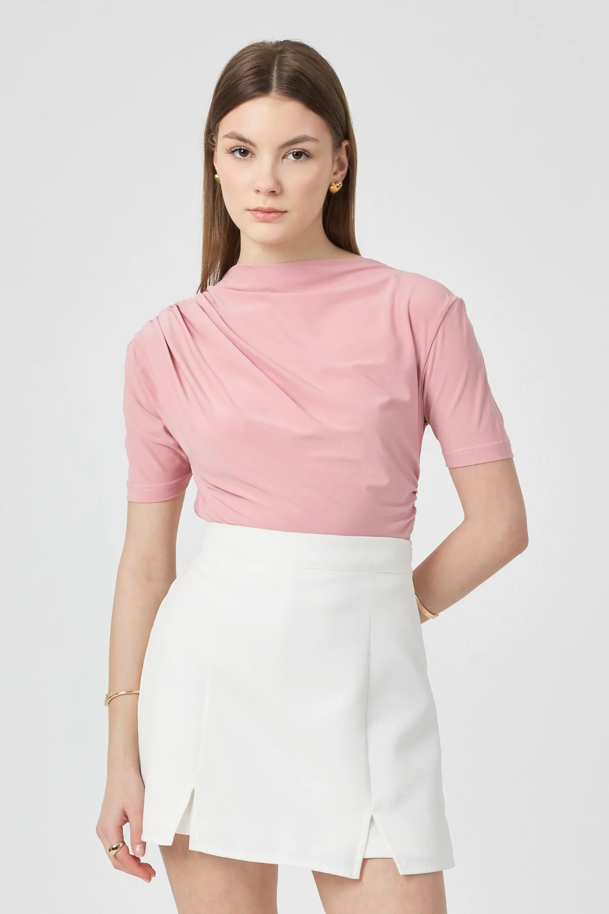 Kadın Pembe Omuzları Drapeli Kolsuz Sandy Bluz
