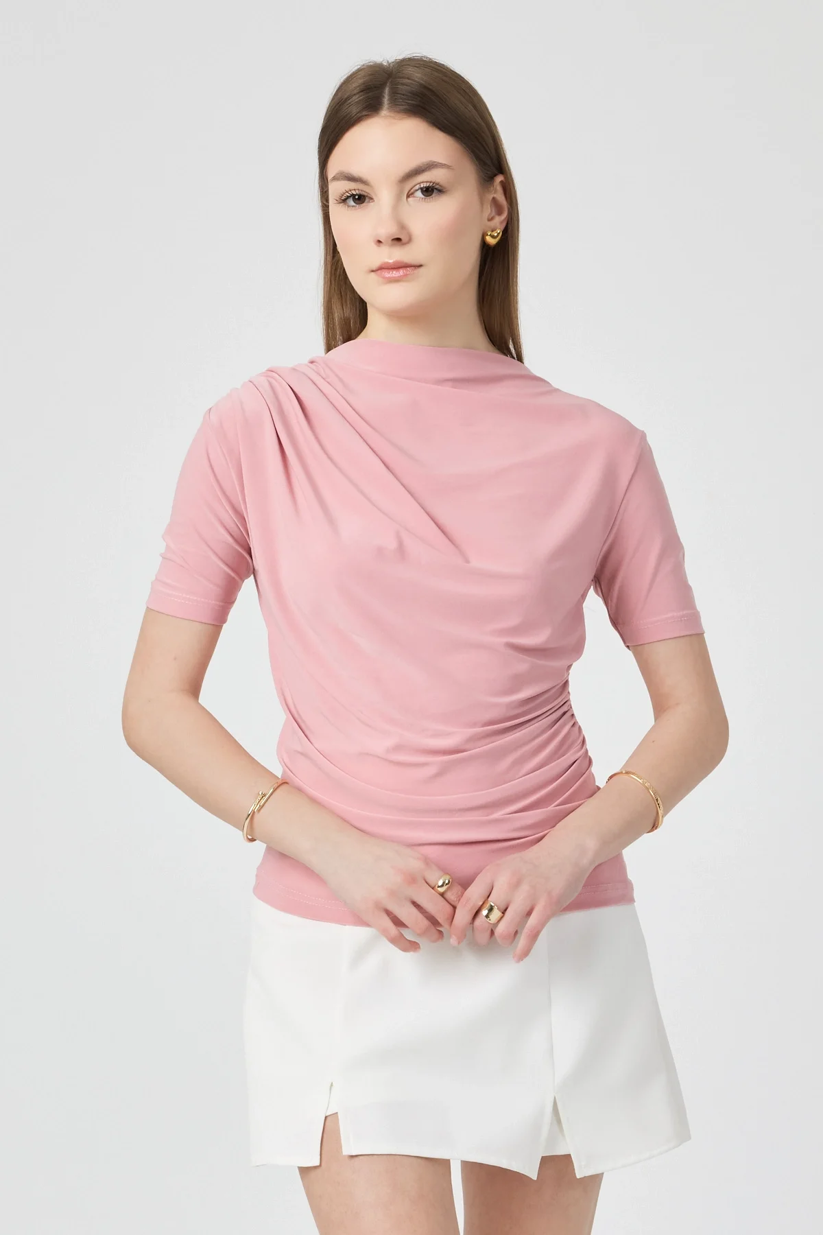 Kadın Pembe Omuzları Drapeli Kolsuz Sandy Bluz
