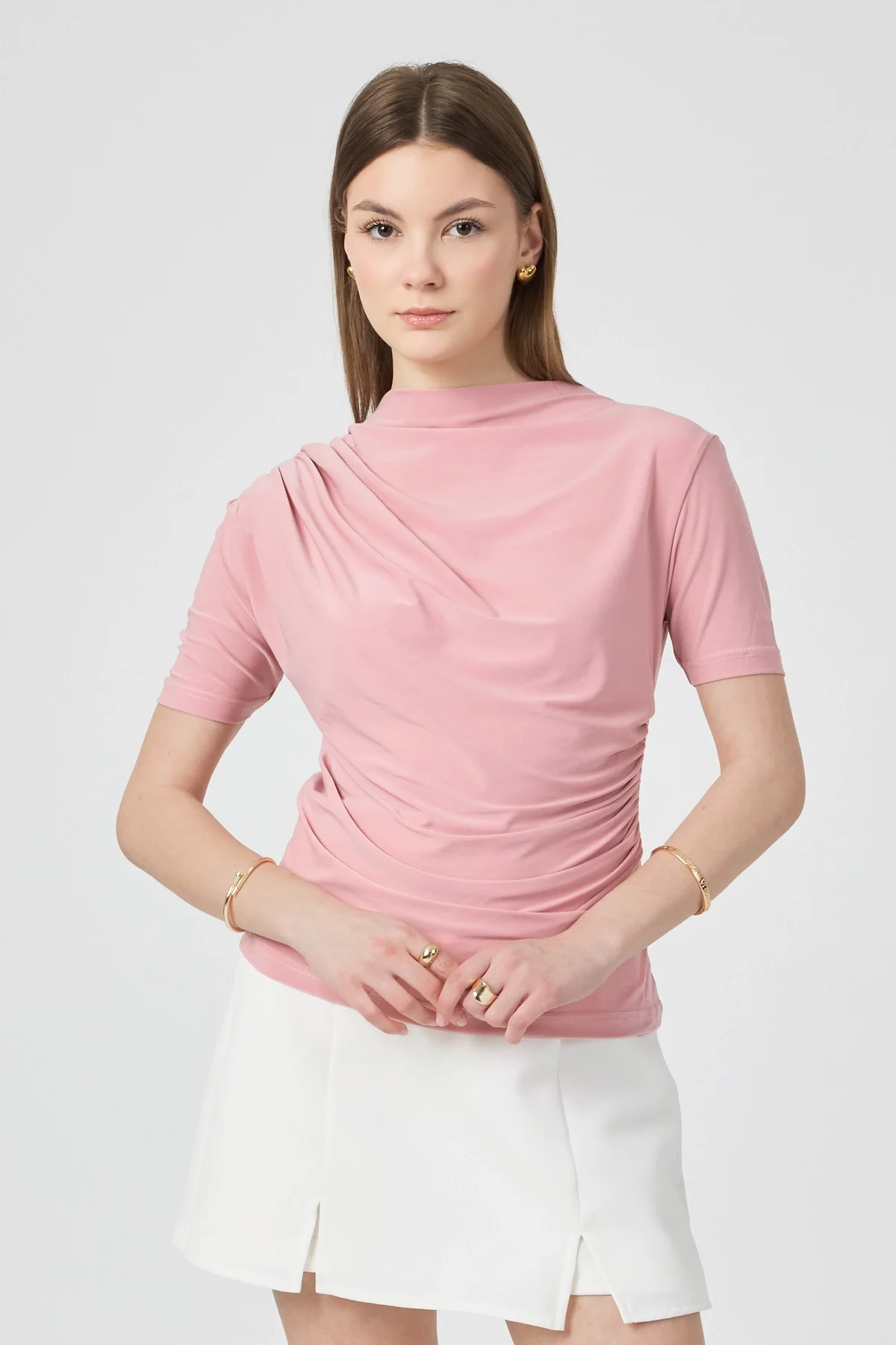 Kadın Pembe Omuzları Drapeli Kolsuz Sandy Bluz