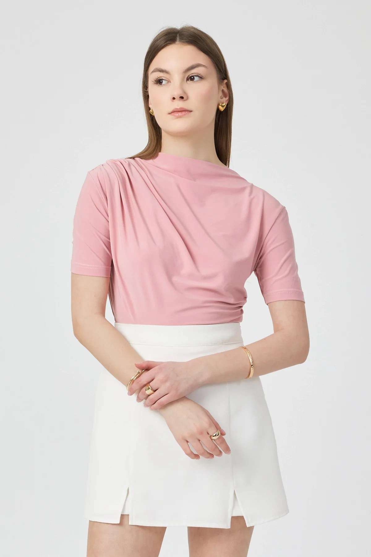 Kadın Pembe Omuzları Drapeli Kolsuz Sandy Bluz