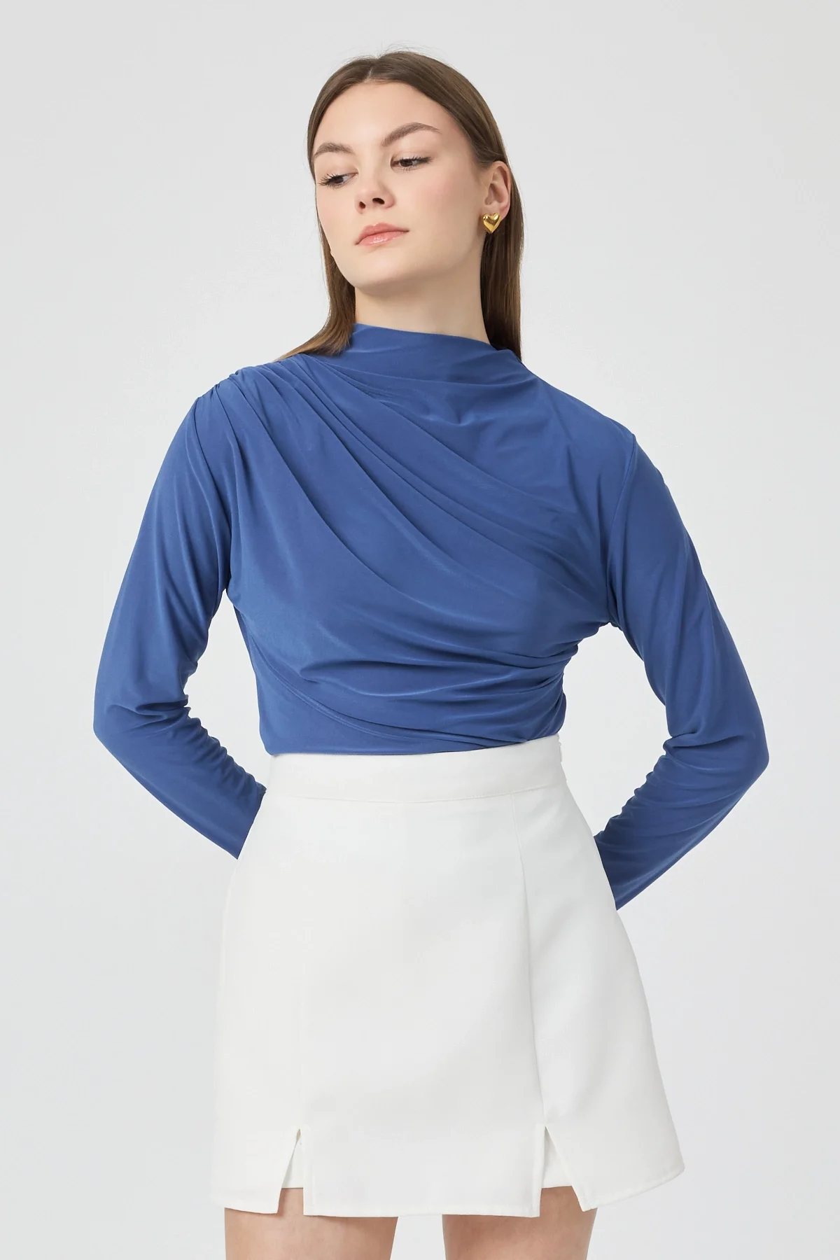 Kadın Büzgü Detaylı Uzun Kol Sandy Mavi Bluz