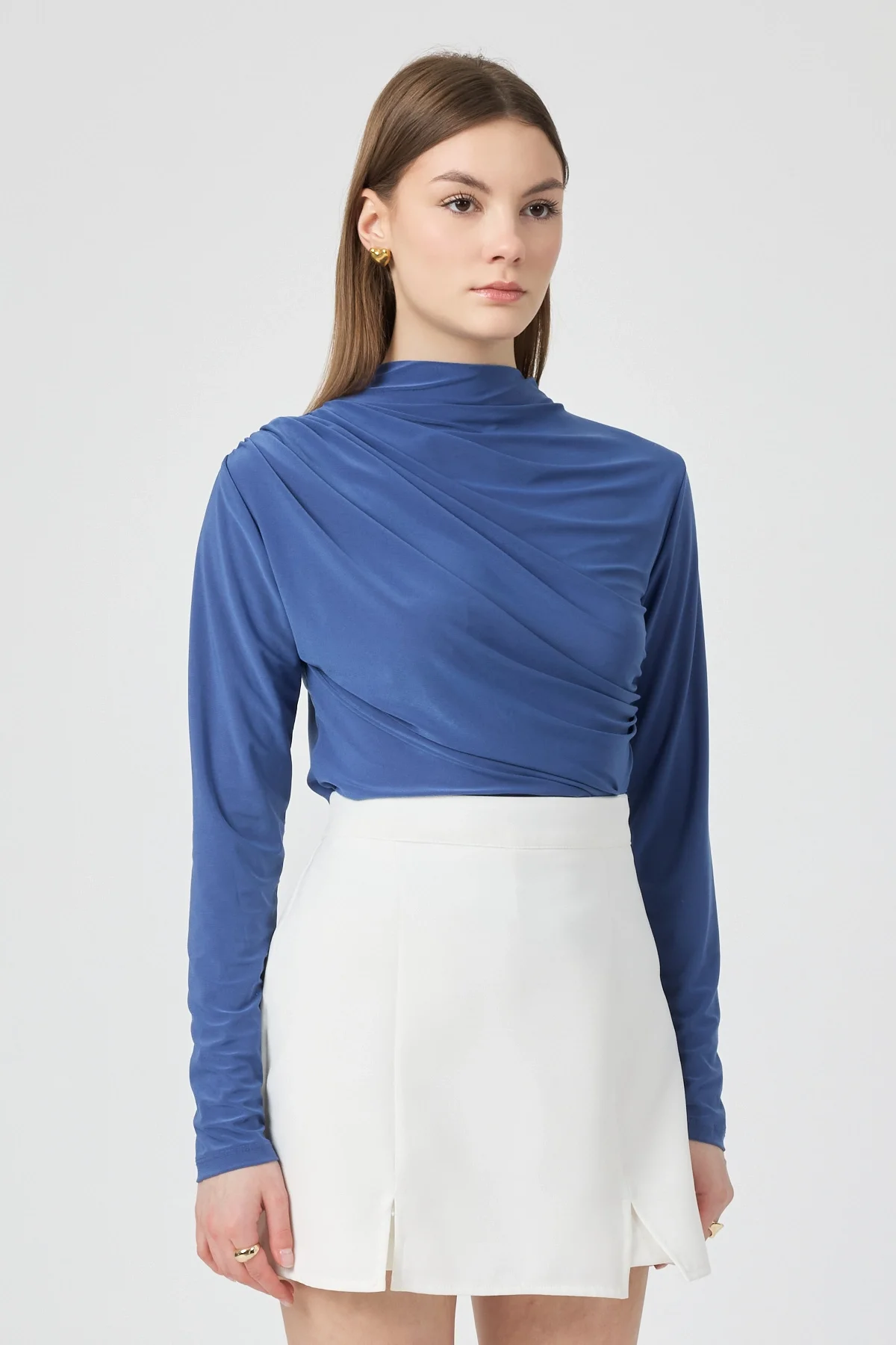 Kadın Büzgü Detaylı Uzun Kol Sandy Mavi Bluz