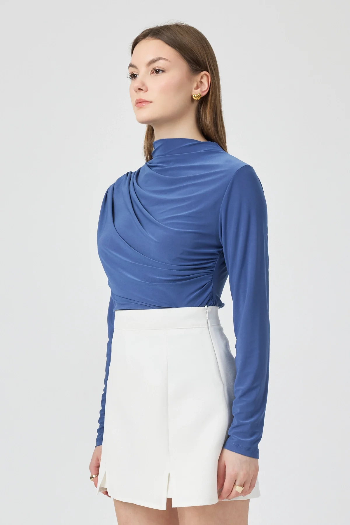 Kadın Büzgü Detaylı Uzun Kol Sandy Mavi Bluz