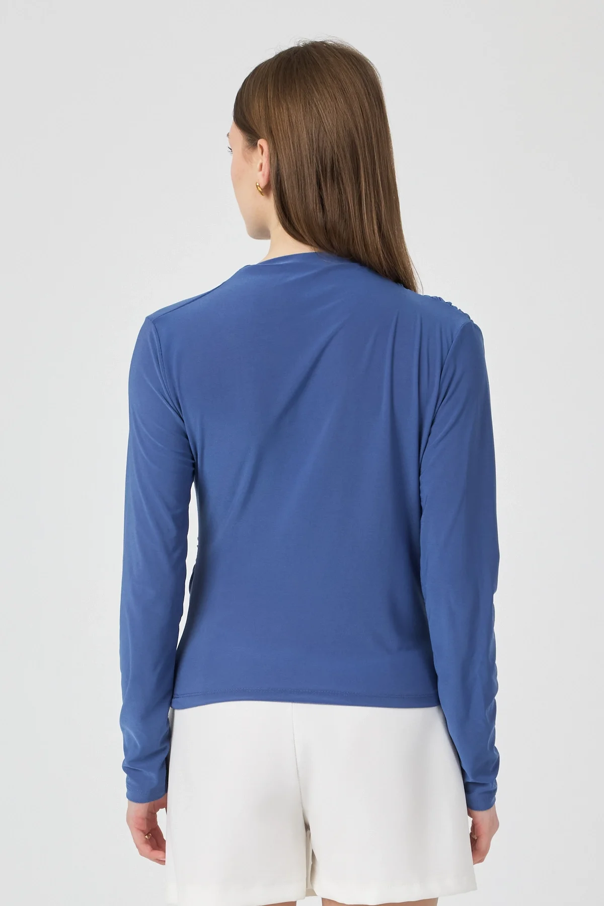 Kadın Büzgü Detaylı Uzun Kol Sandy Mavi Bluz