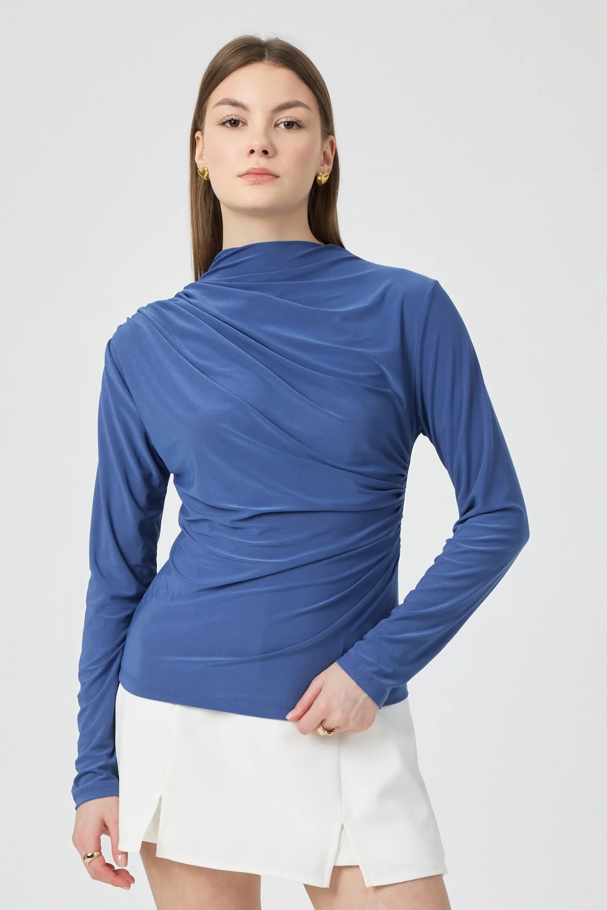Kadın Büzgü Detaylı Uzun Kol Sandy Mavi Bluz