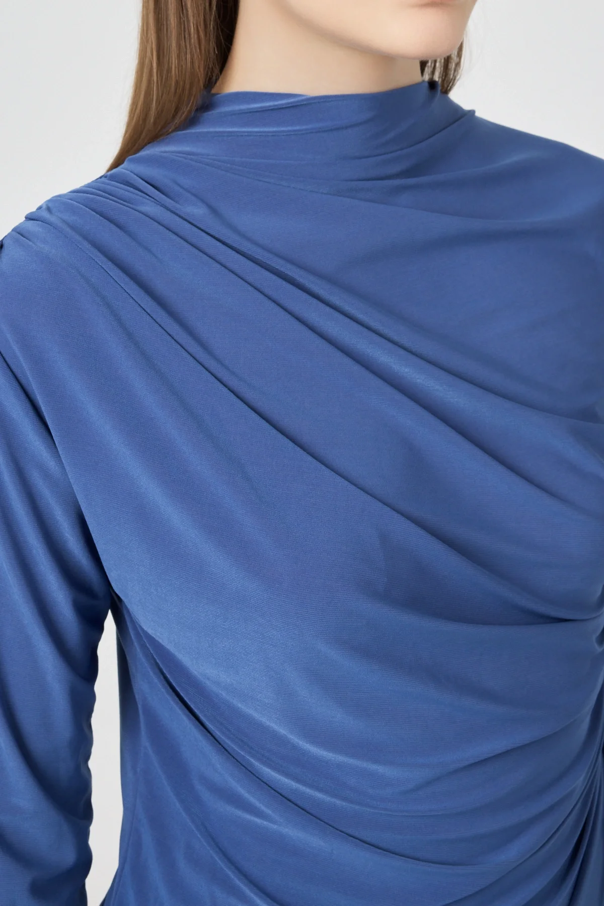 Kadın Büzgü Detaylı Uzun Kol Sandy Mavi Bluz