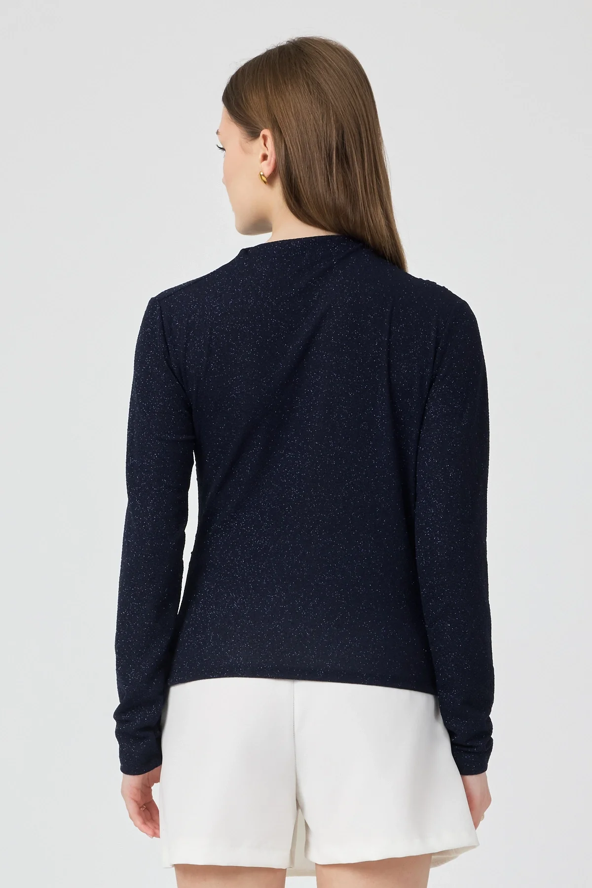 Kadın Büzgü Detaylı Uzun Kol Sandy Simli Siyah Bluz