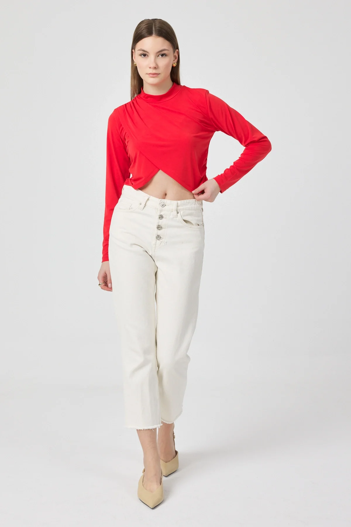 Kadın Kırmızı Verev Crop Bluz