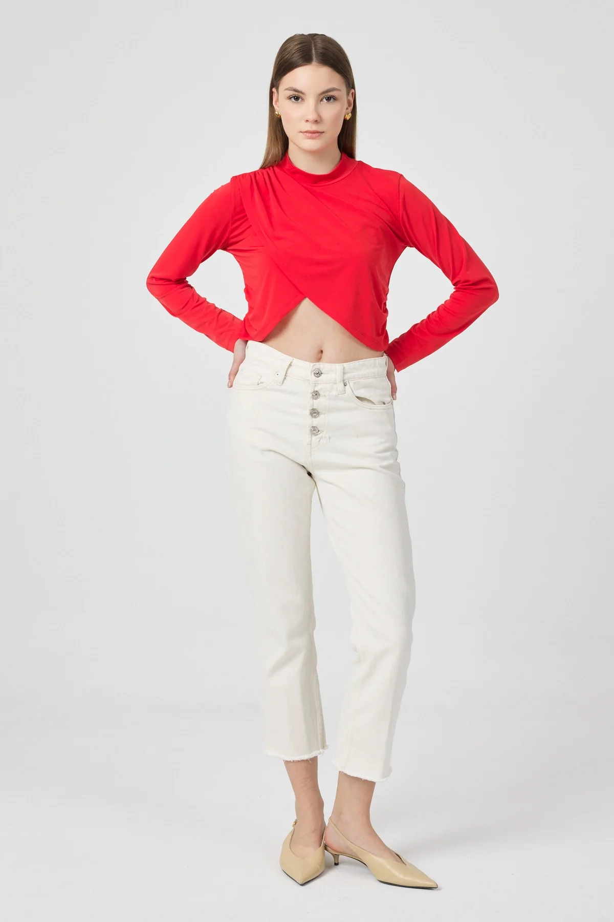 Kadın Kırmızı Verev Crop Bluz