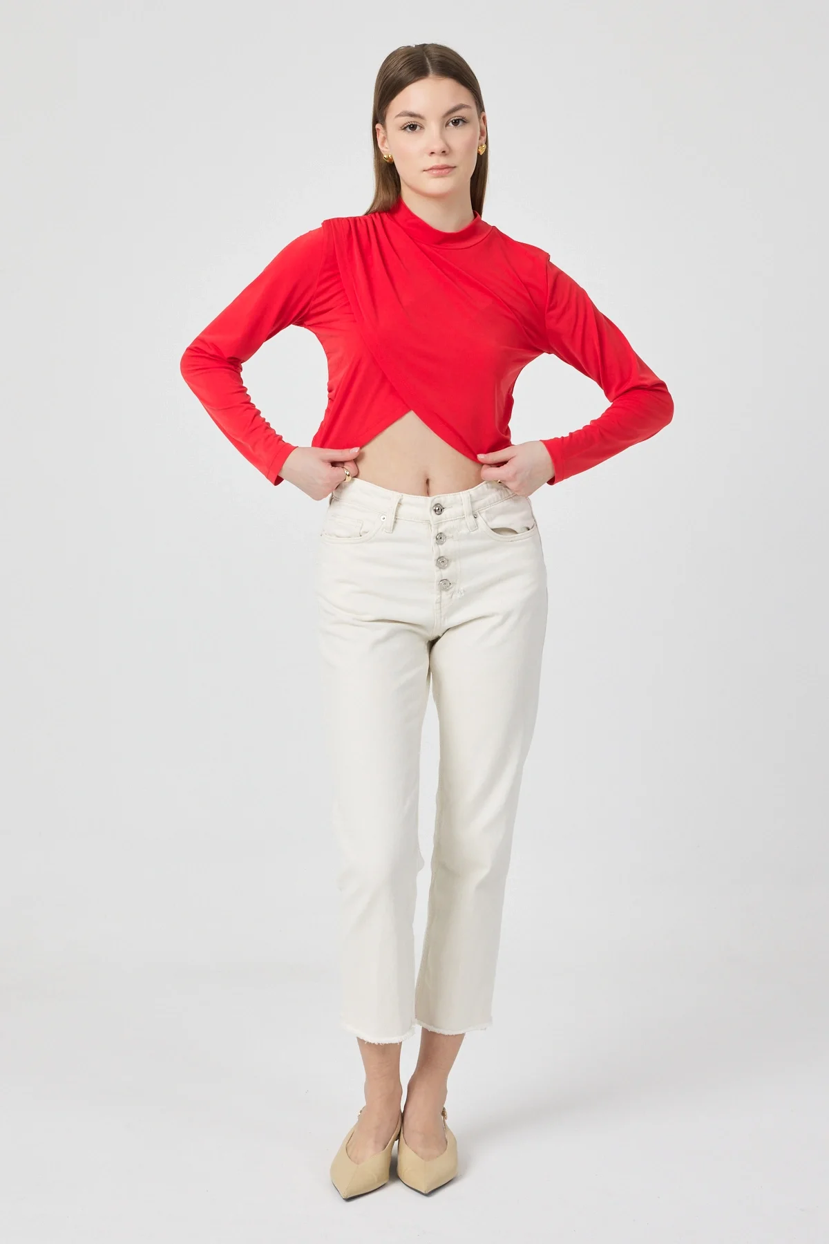 Kadın Kırmızı Verev Crop Bluz