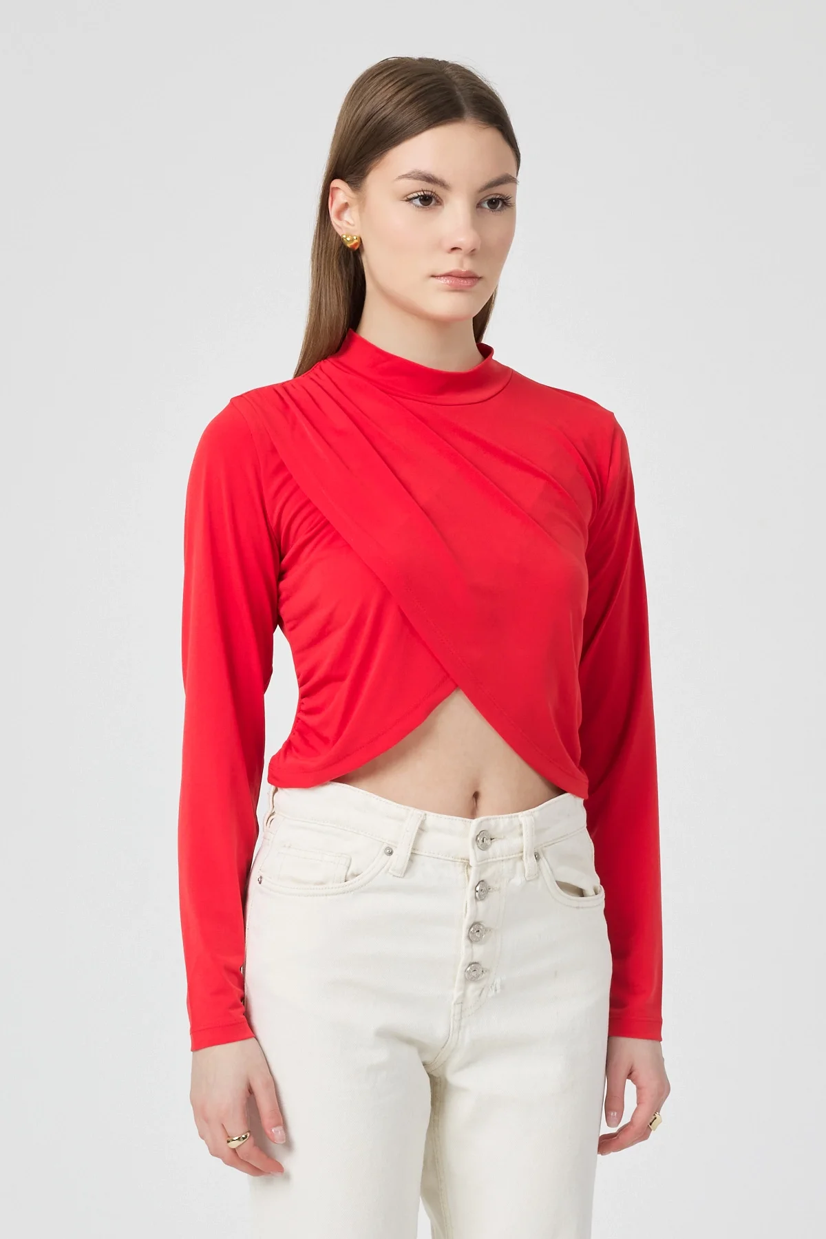 Kadın Kırmızı Verev Crop Bluz