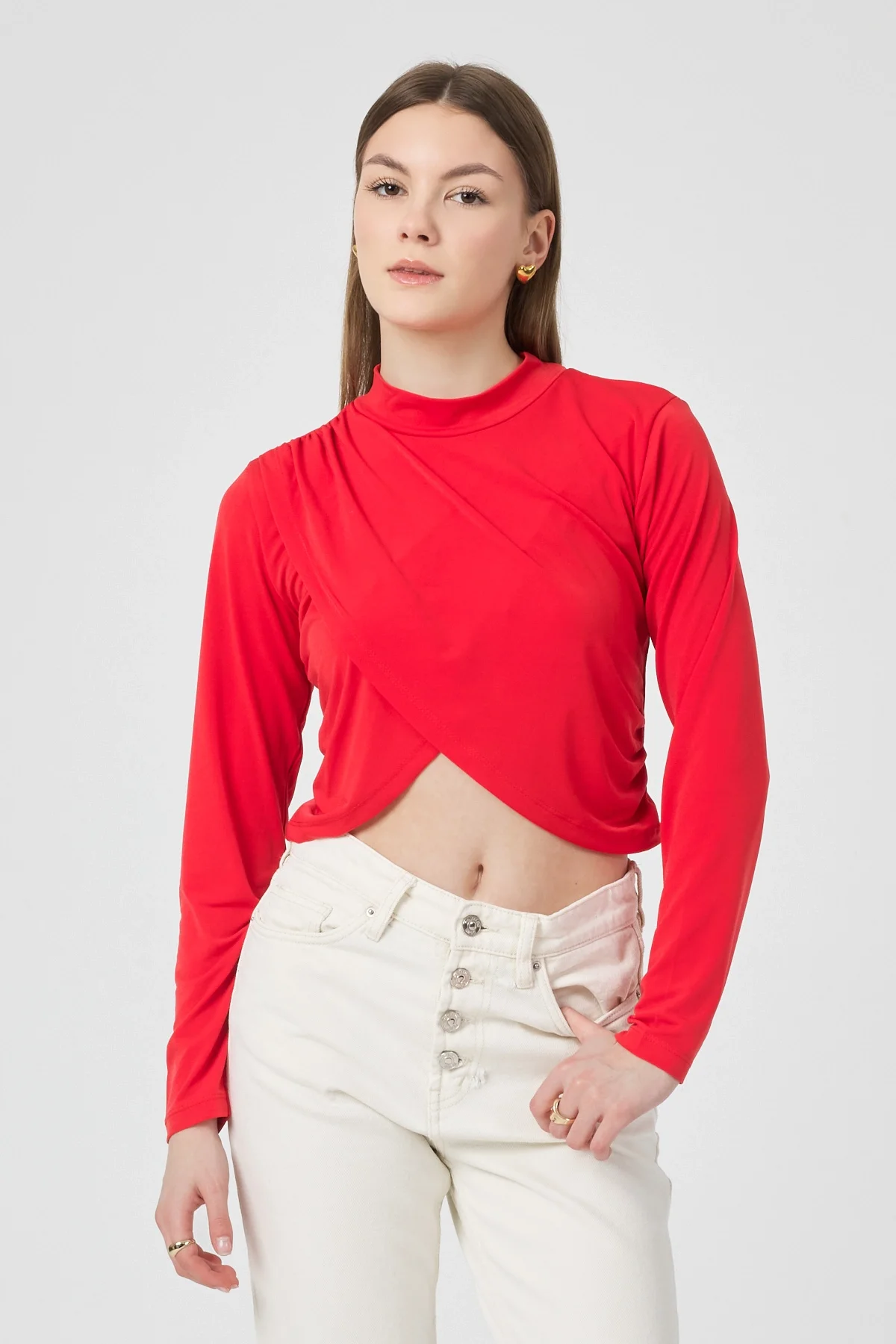 Kadın Kırmızı Verev Crop Bluz