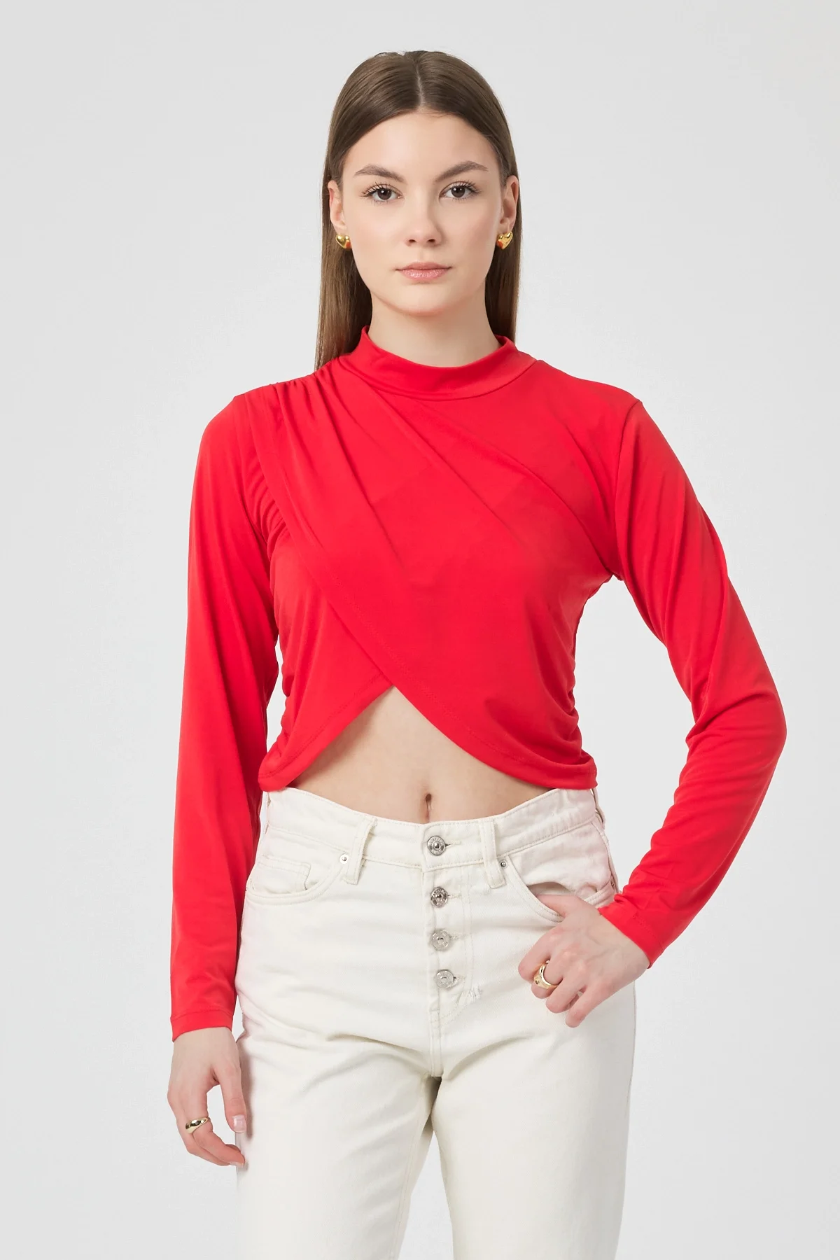 Kadın Kırmızı Verev Crop Bluz