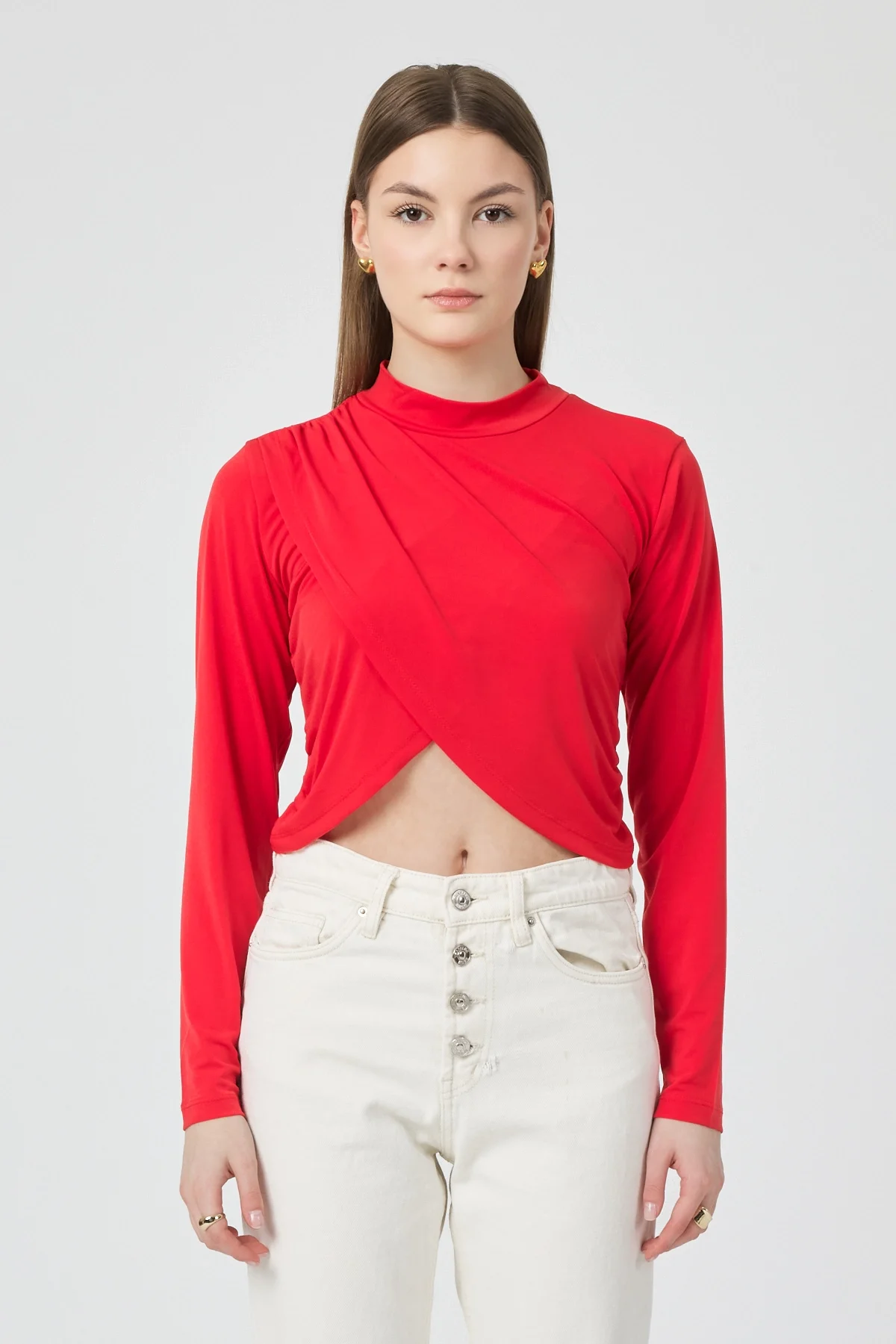 Kadın Kırmızı Verev Crop Bluz