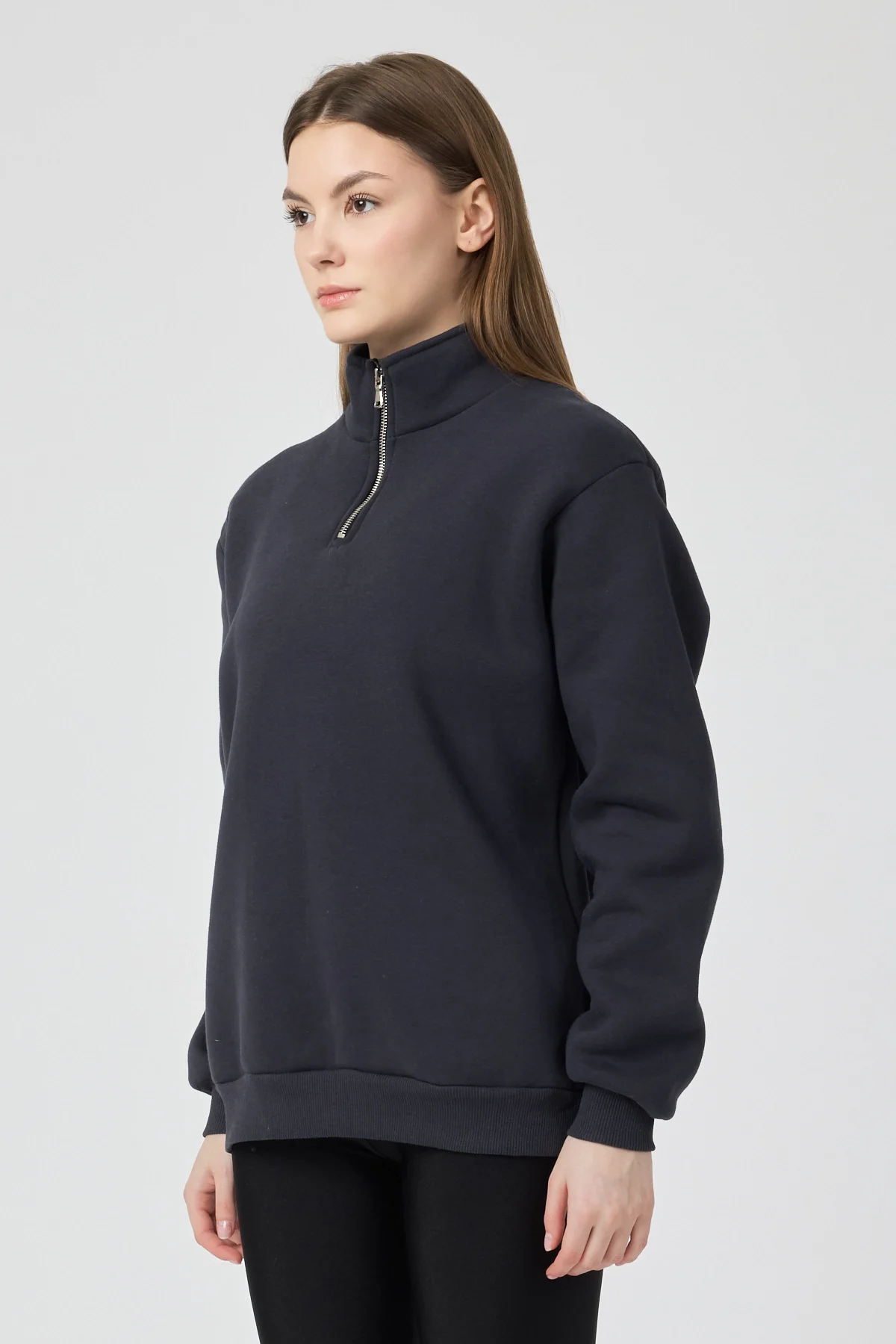 Kadın 3 İplik Lastikli Fermuar Dik Yaka Füme Eşofman Takımı