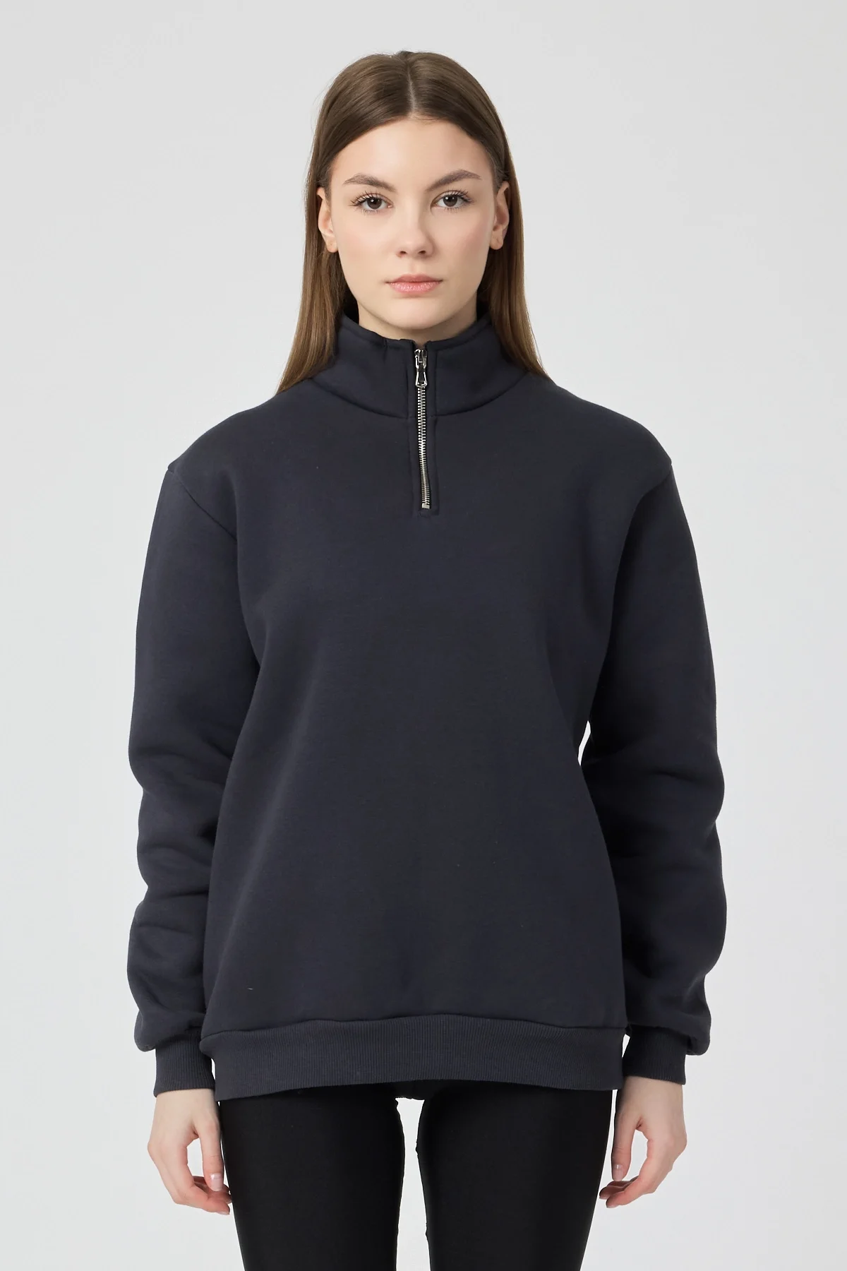 Kadın 3 İplik Lastikli Fermuar Dik Yaka Füme Eşofman Takımı