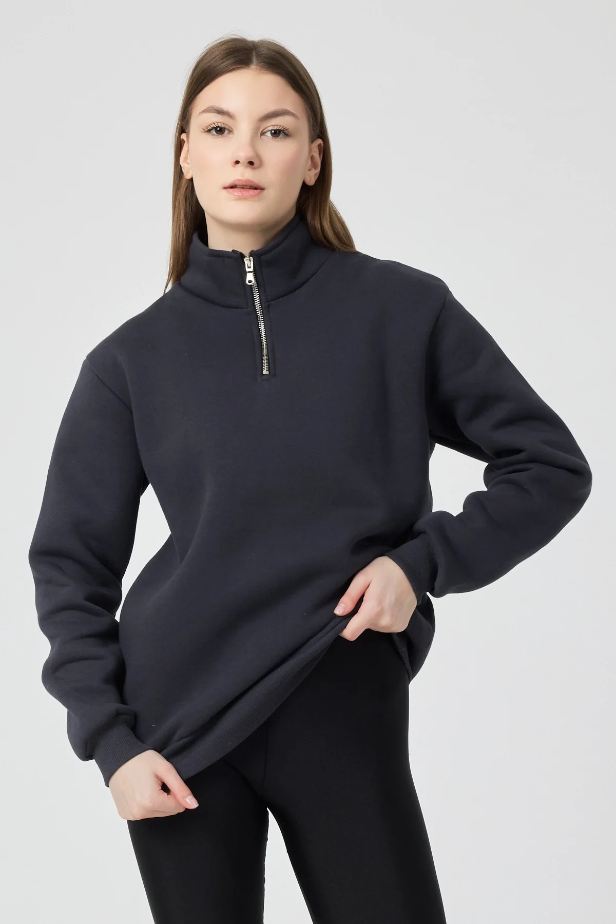 Kadın 3 İplik Lastikli Fermuar Dik Yaka Füme Eşofman Takımı