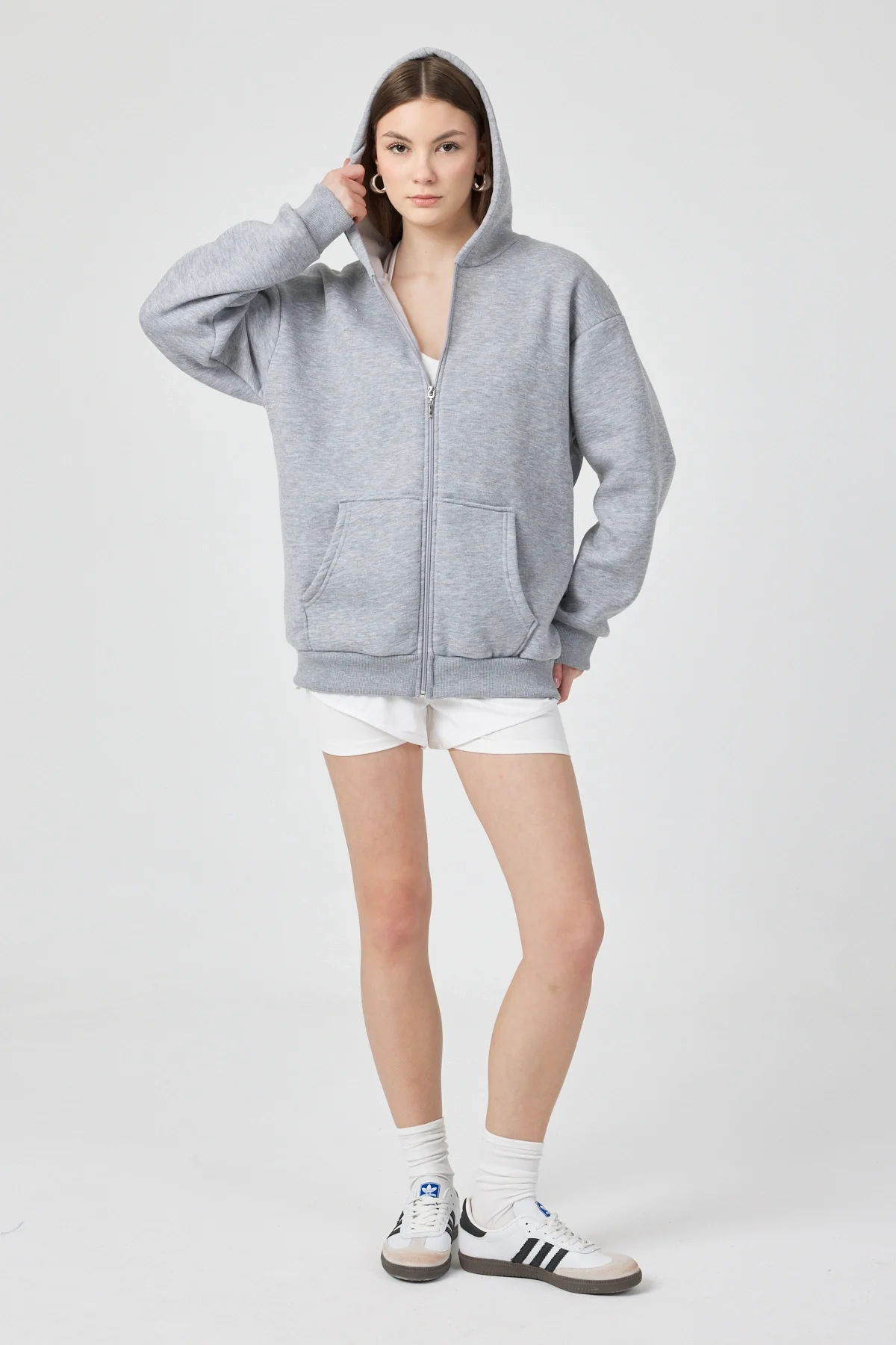 Kadın Kapişonlu Fermuarlı 3 İplik Kumaş Gri Polar