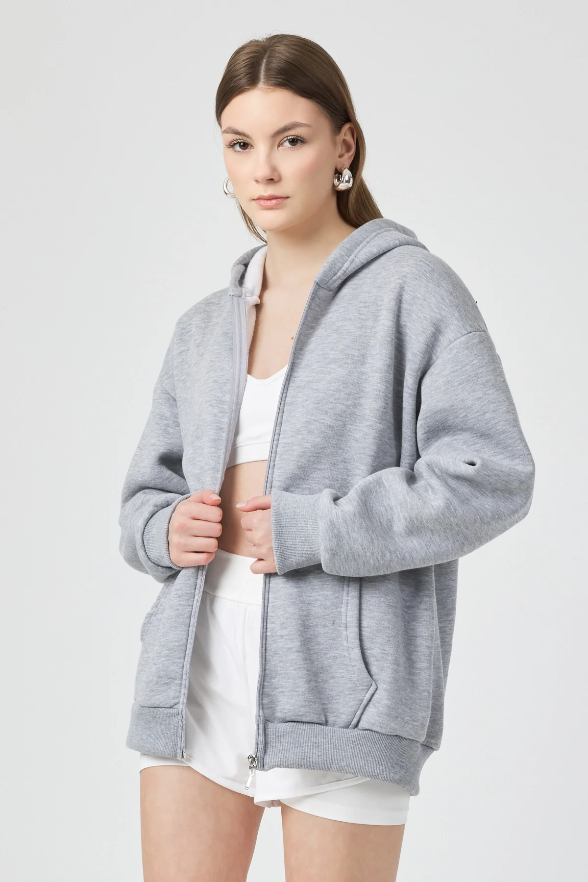 Kadın Kapişonlu Fermuarlı 3 İplik Kumaş Gri Polar