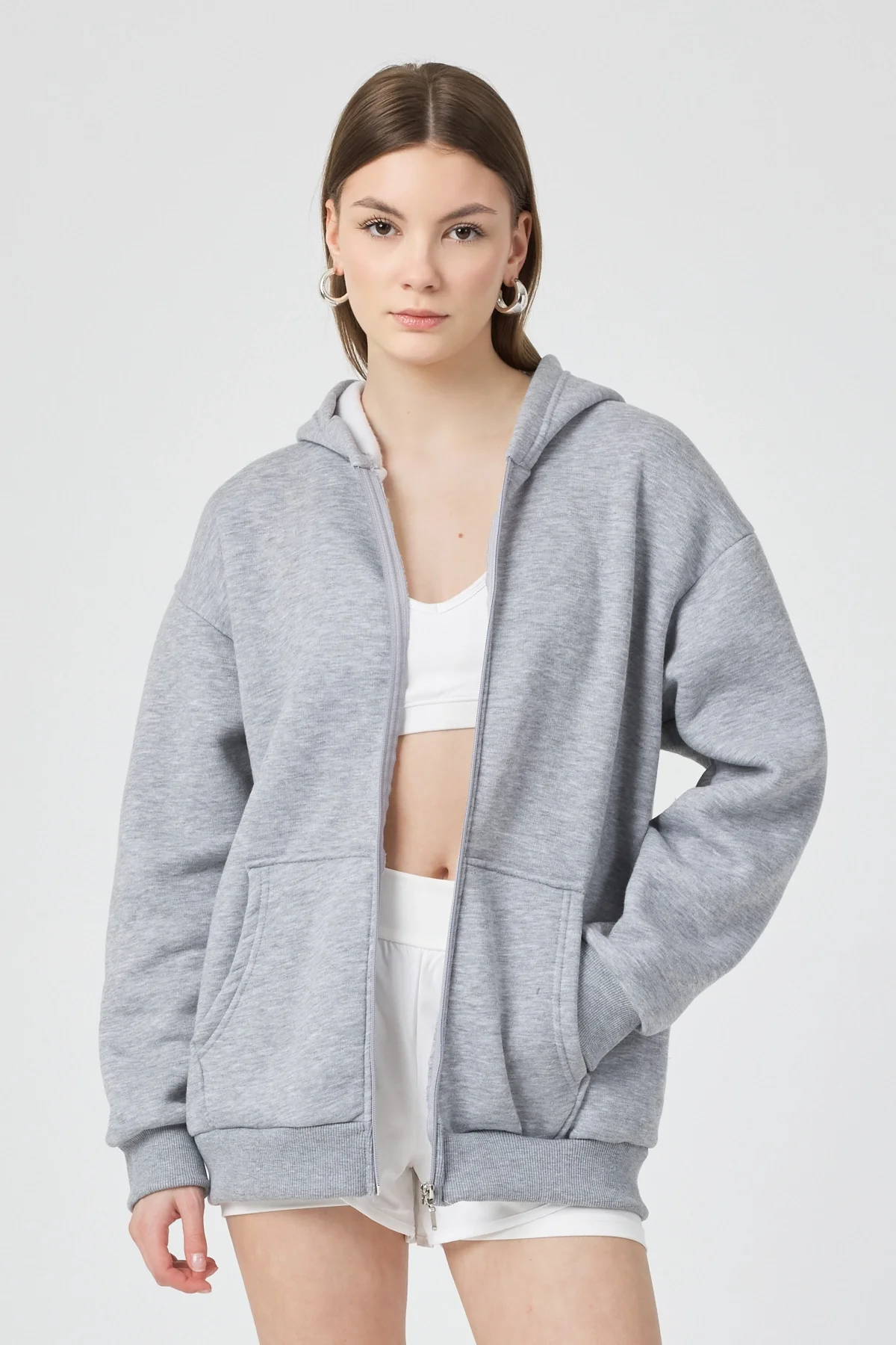Kadın Kapişonlu Fermuarlı 3 İplik Kumaş Gri Polar