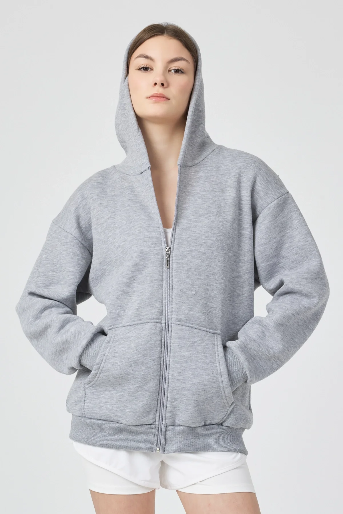 Kadın Kapişonlu Fermuarlı 3 İplik Kumaş Gri Polar