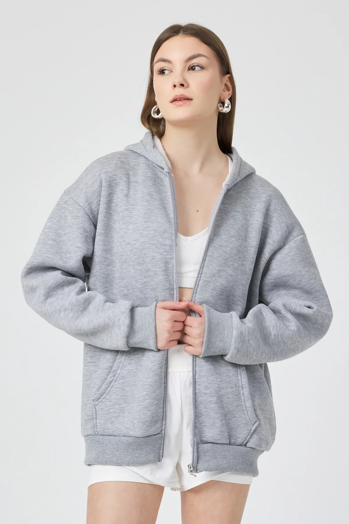Kadın Kapişonlu Fermuarlı 3 İplik Kumaş Gri Polar