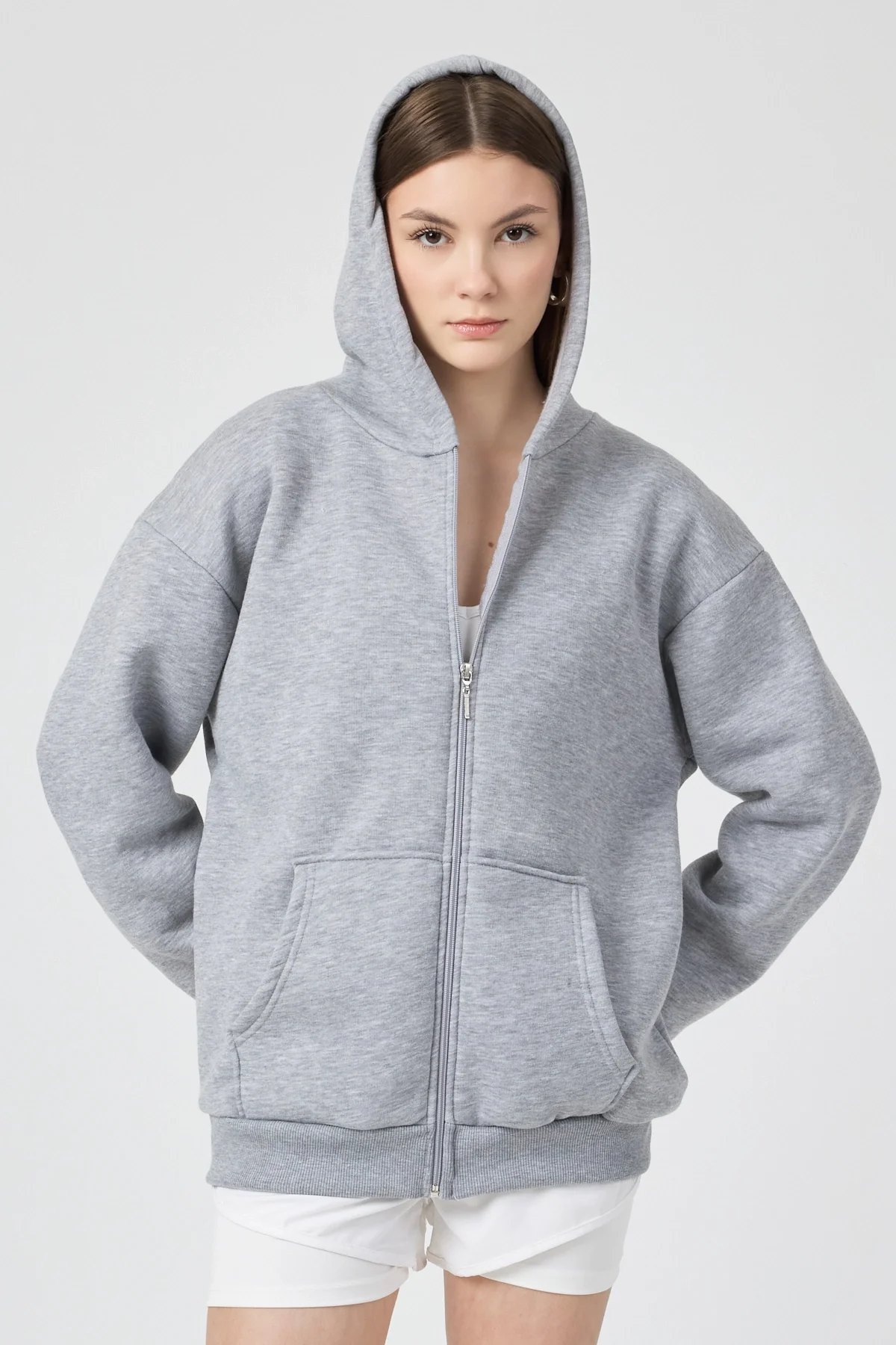 Kadın Kapişonlu Fermuarlı 3 İplik Kumaş Gri Polar