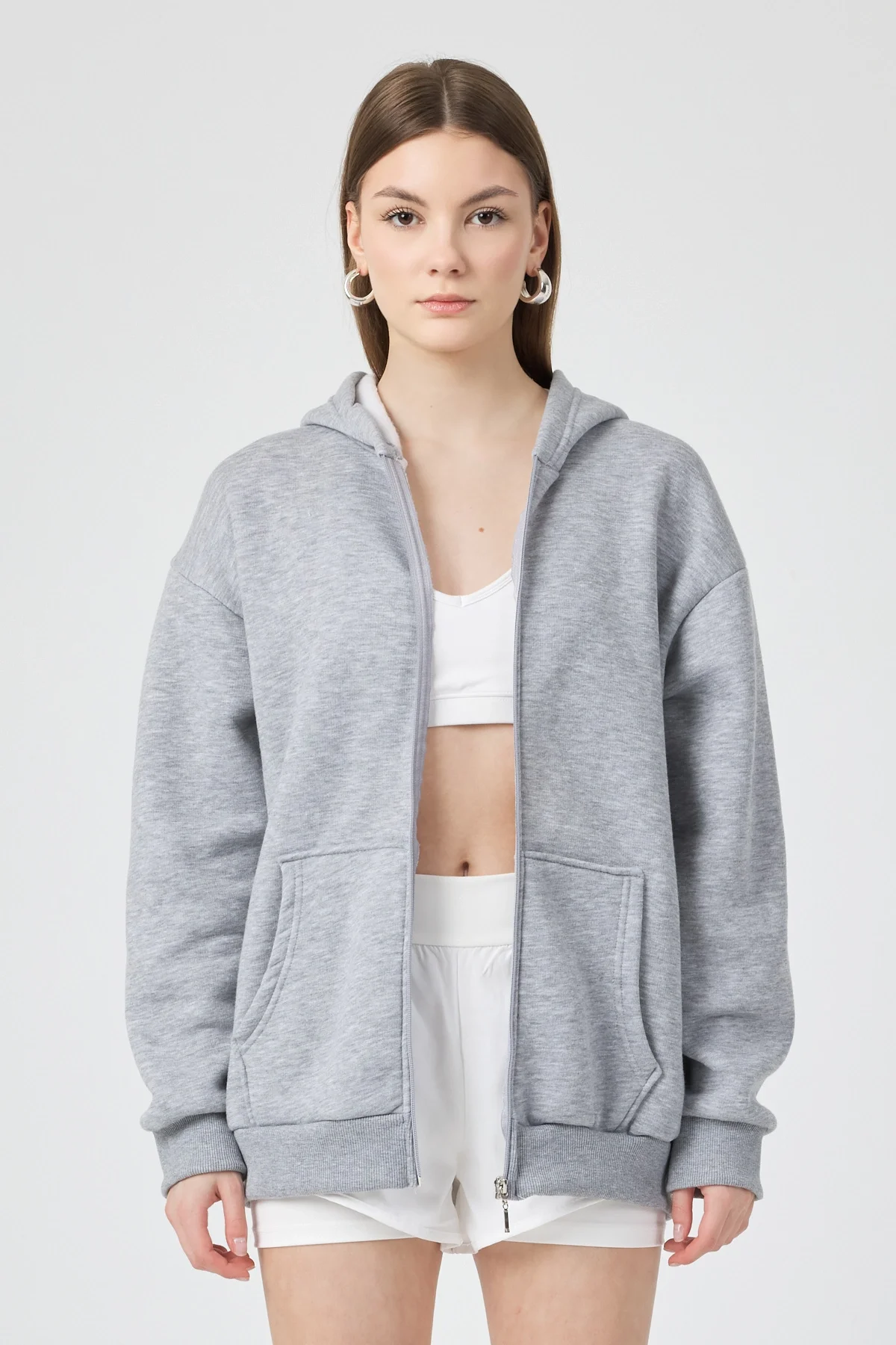 Kadın Kapişonlu Fermuarlı 3 İplik Kumaş Gri Polar