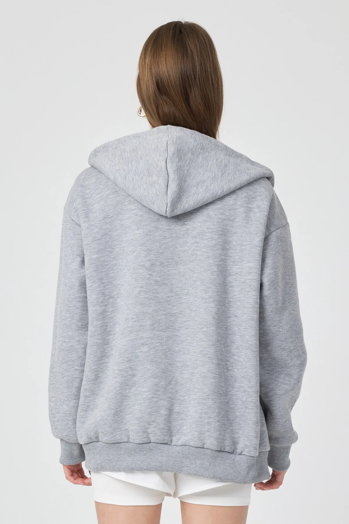 Kadın Kapişonlu Fermuarlı 3 İplik Kumaş Gri Polar