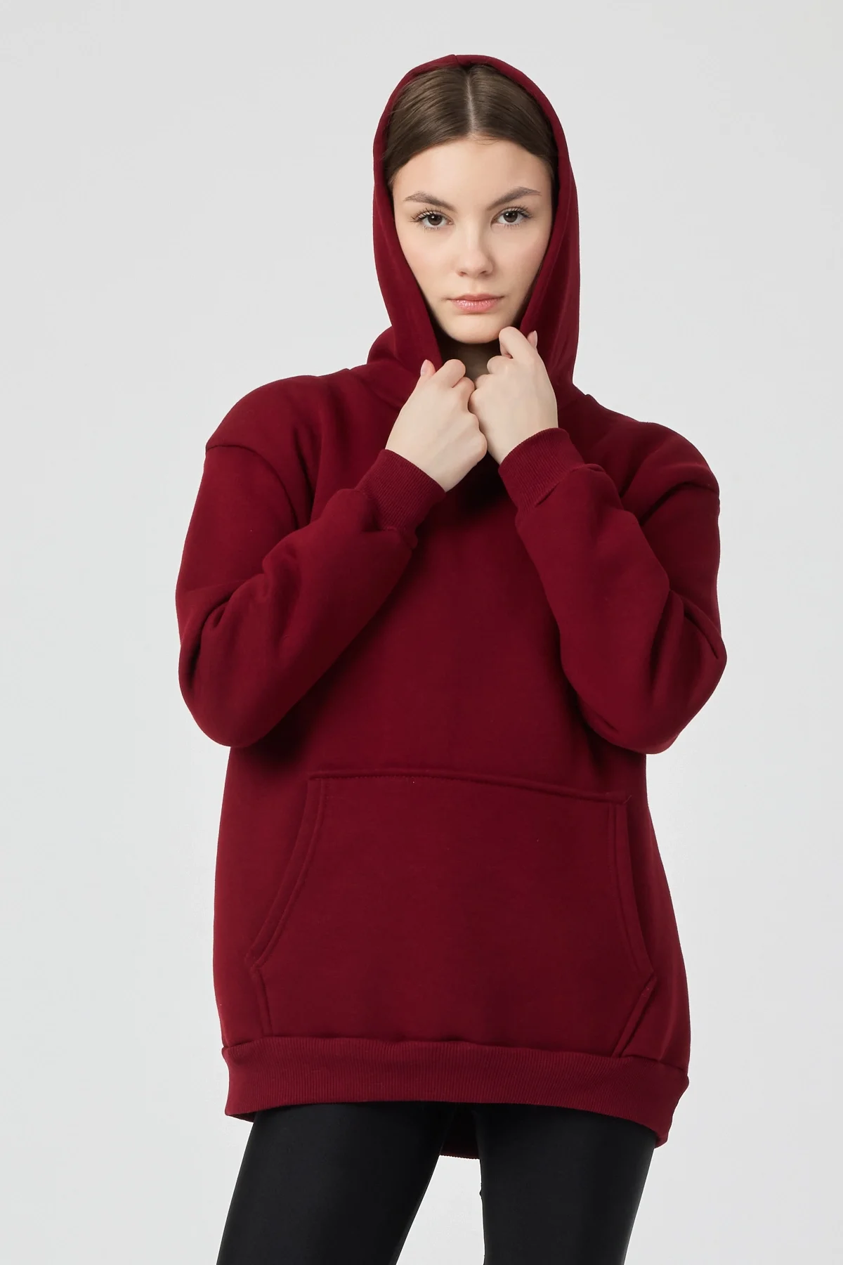 Kadın 3 İplik Lastikli Kapüşonlu Eşofman Takımı Bordo