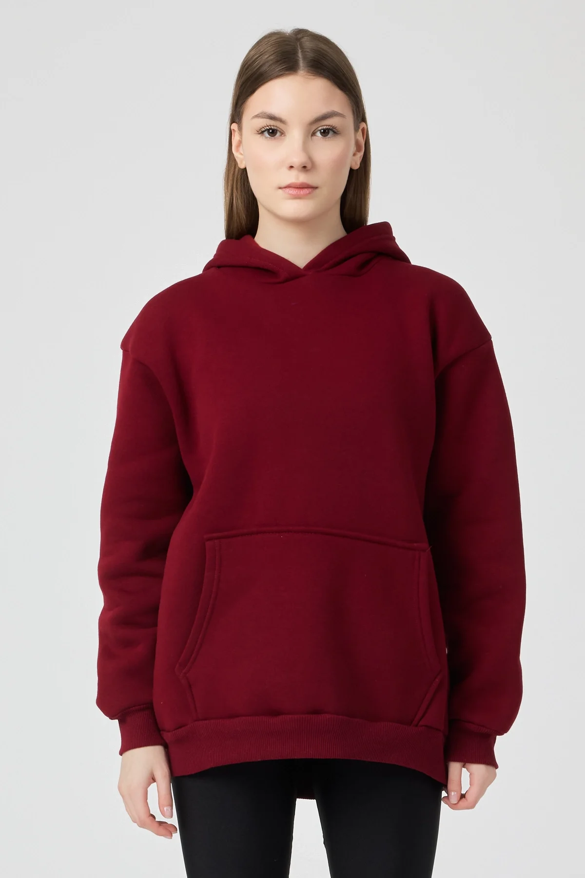 Kadın 3 İplik Lastikli Kapüşonlu Eşofman Takımı Bordo