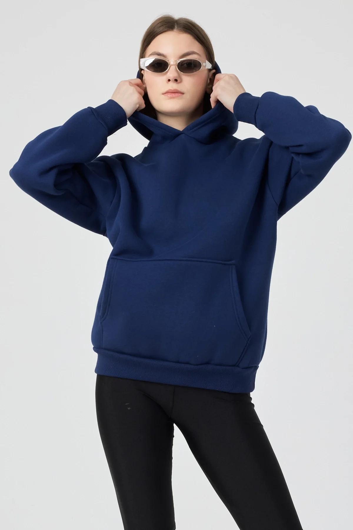 Kadın 3 İplik Lastikli Kapüşonlu Eşofman Takımı Lacivert