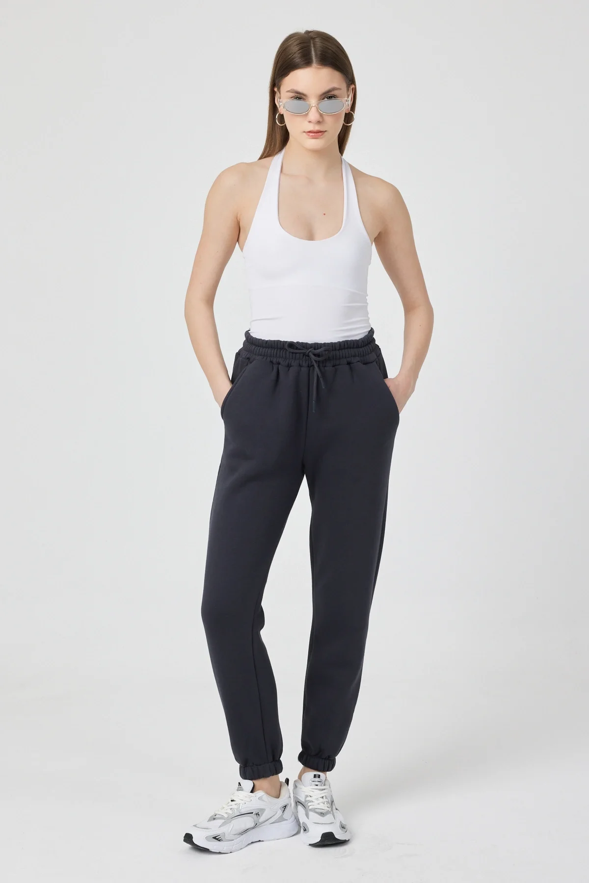 Kadın 3 İplik Lastikli Fermuar Dik Yaka Füme Eşofman Takımı