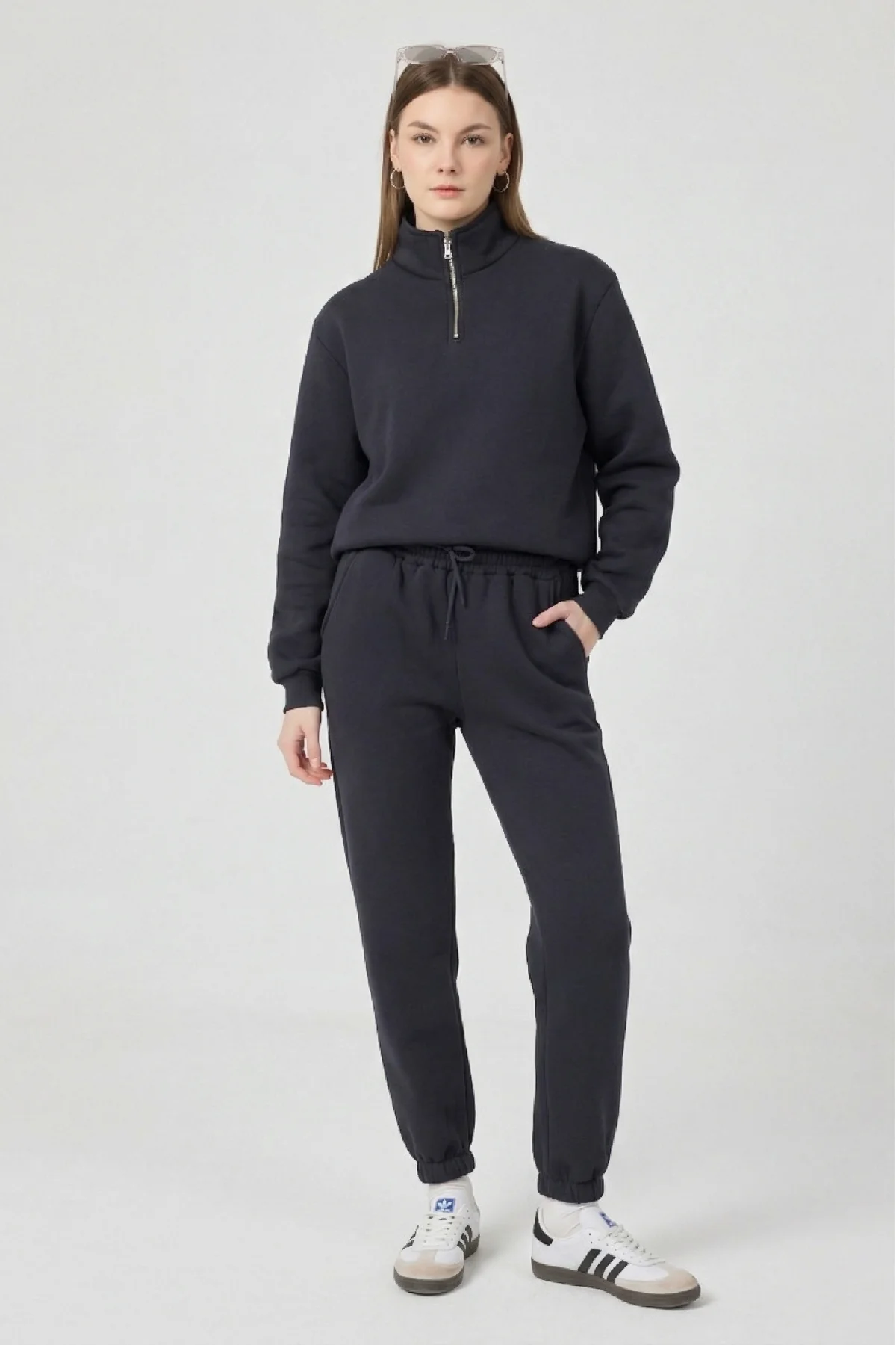 Kadın 3 İplik Lastikli Fermuar Dik Yaka Füme Eşofman Takımı