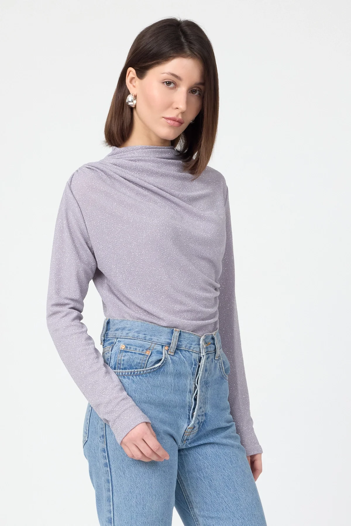 Kadın Büzgü Detaylı Uzun Kol Sandy Simli Gri Bluz