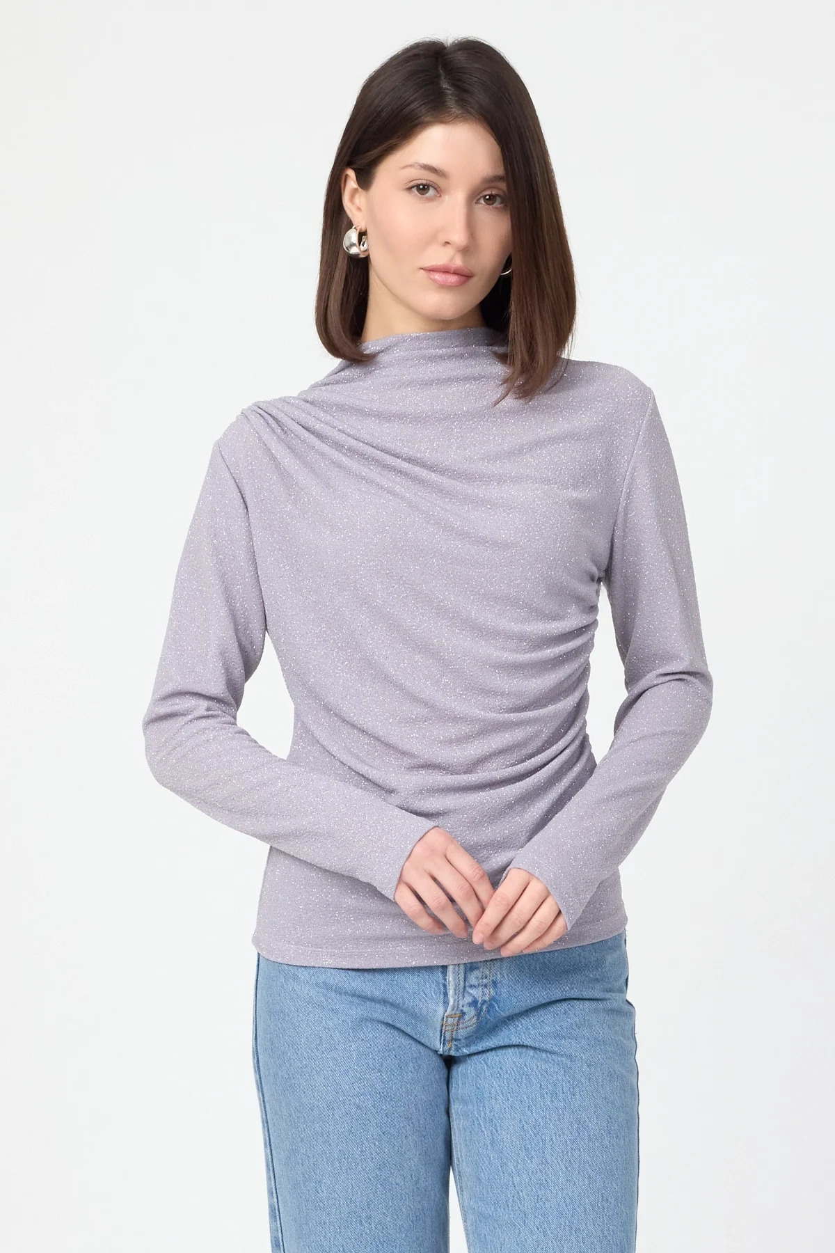 Kadın Büzgü Detaylı Uzun Kol Sandy Simli Gri Bluz