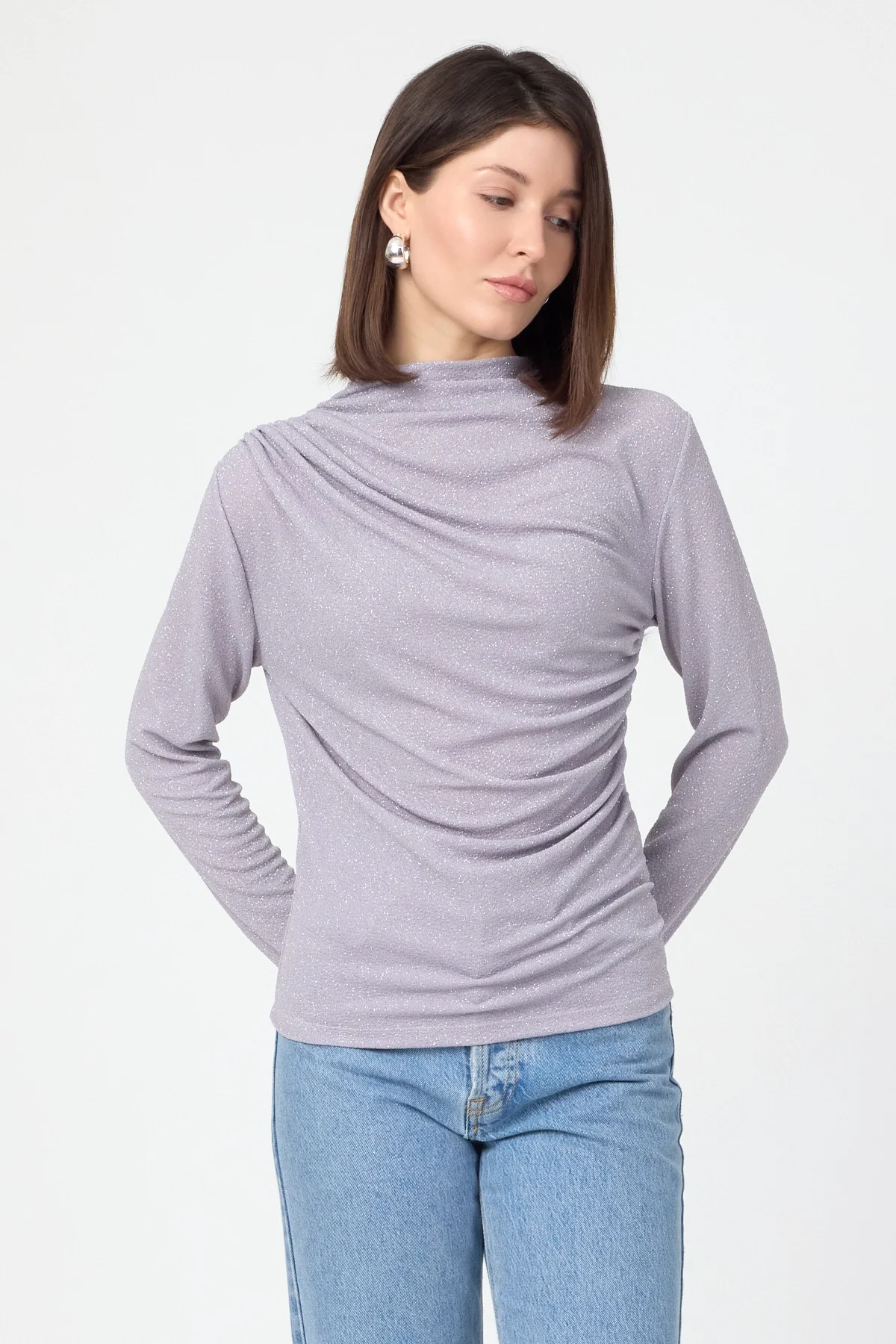 Kadın Büzgü Detaylı Uzun Kol Sandy Simli Gri Bluz