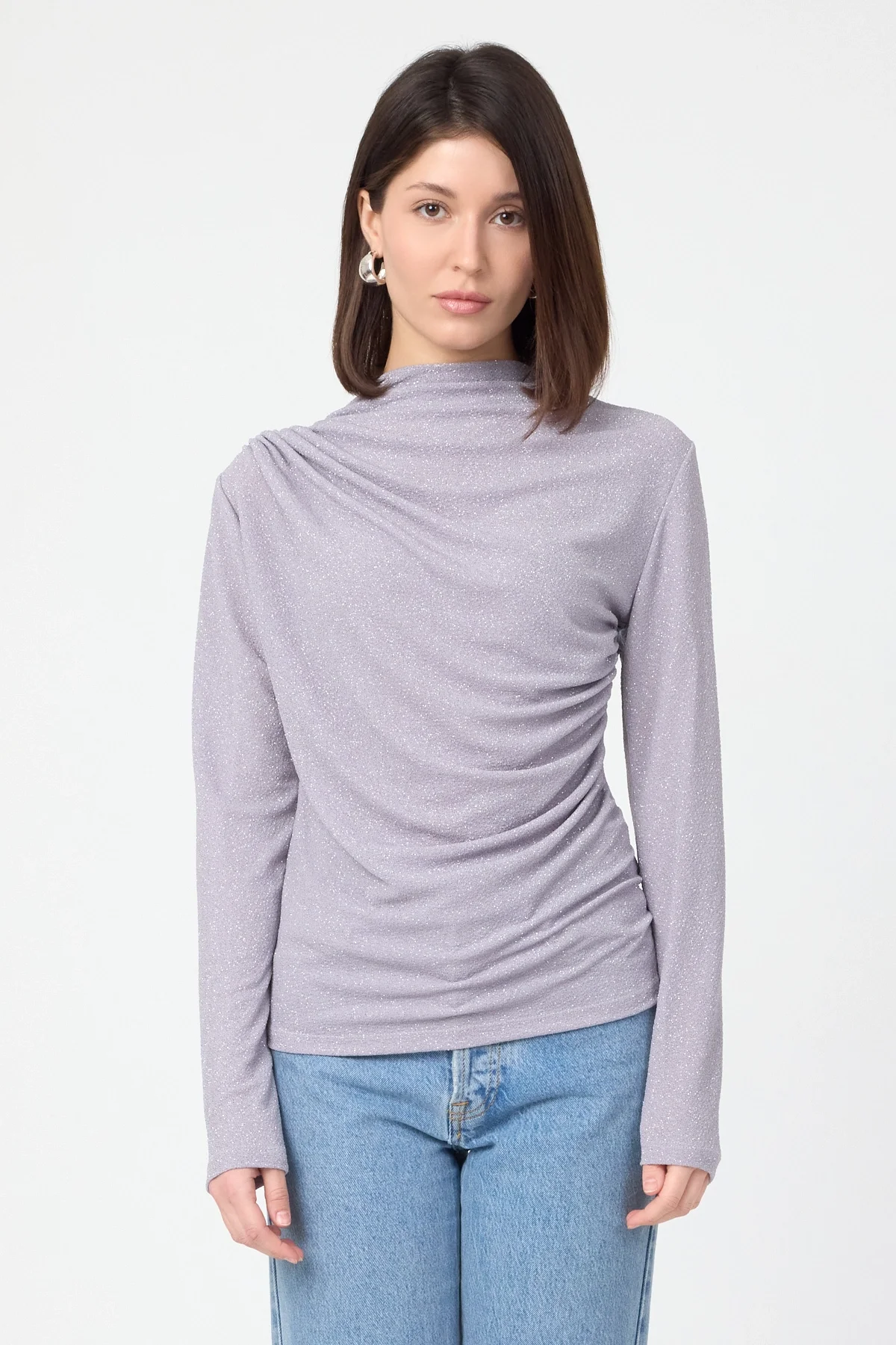 Kadın Büzgü Detaylı Uzun Kol Sandy Simli Gri Bluz