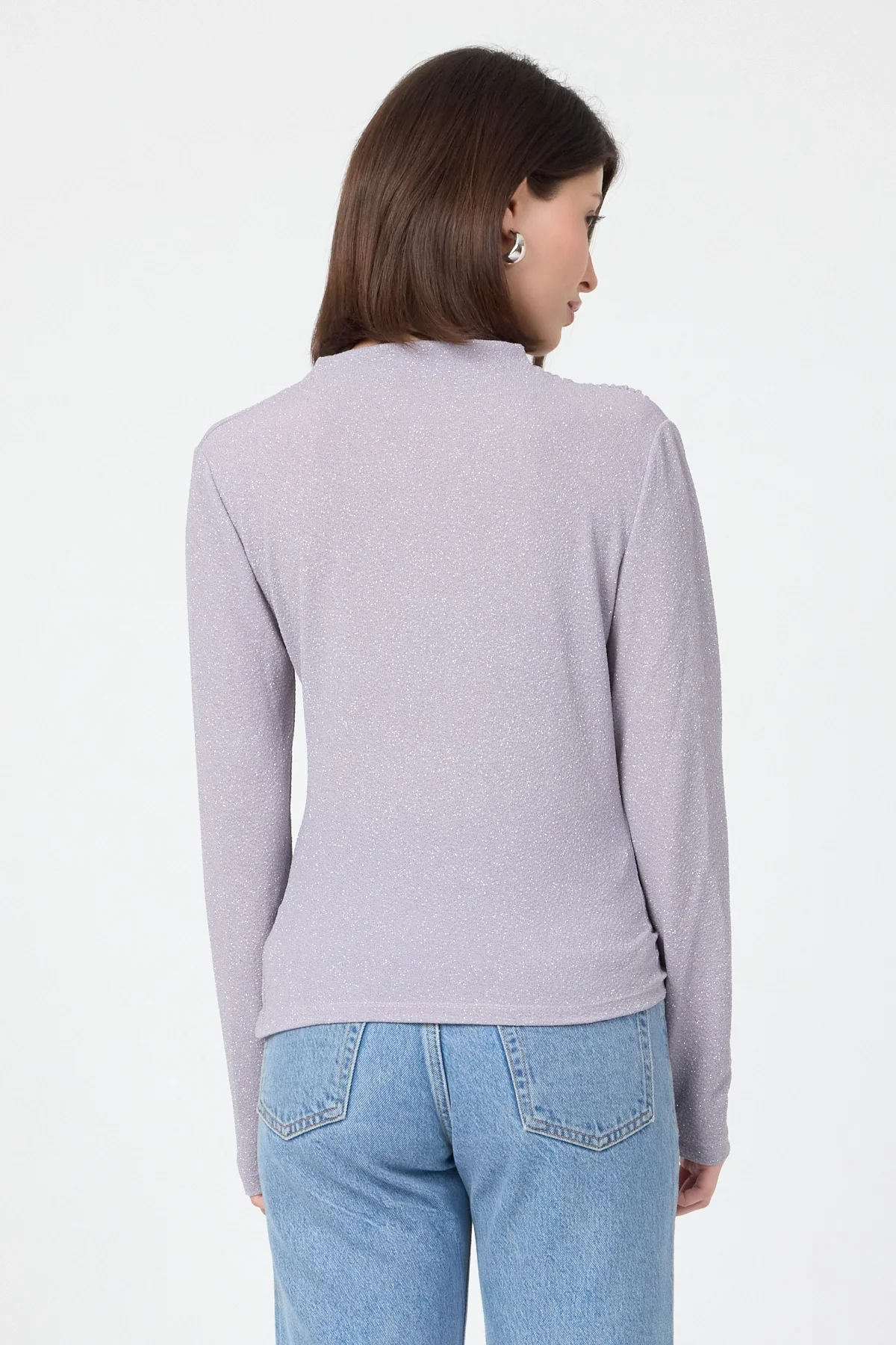 Kadın Büzgü Detaylı Uzun Kol Sandy Simli Gri Bluz