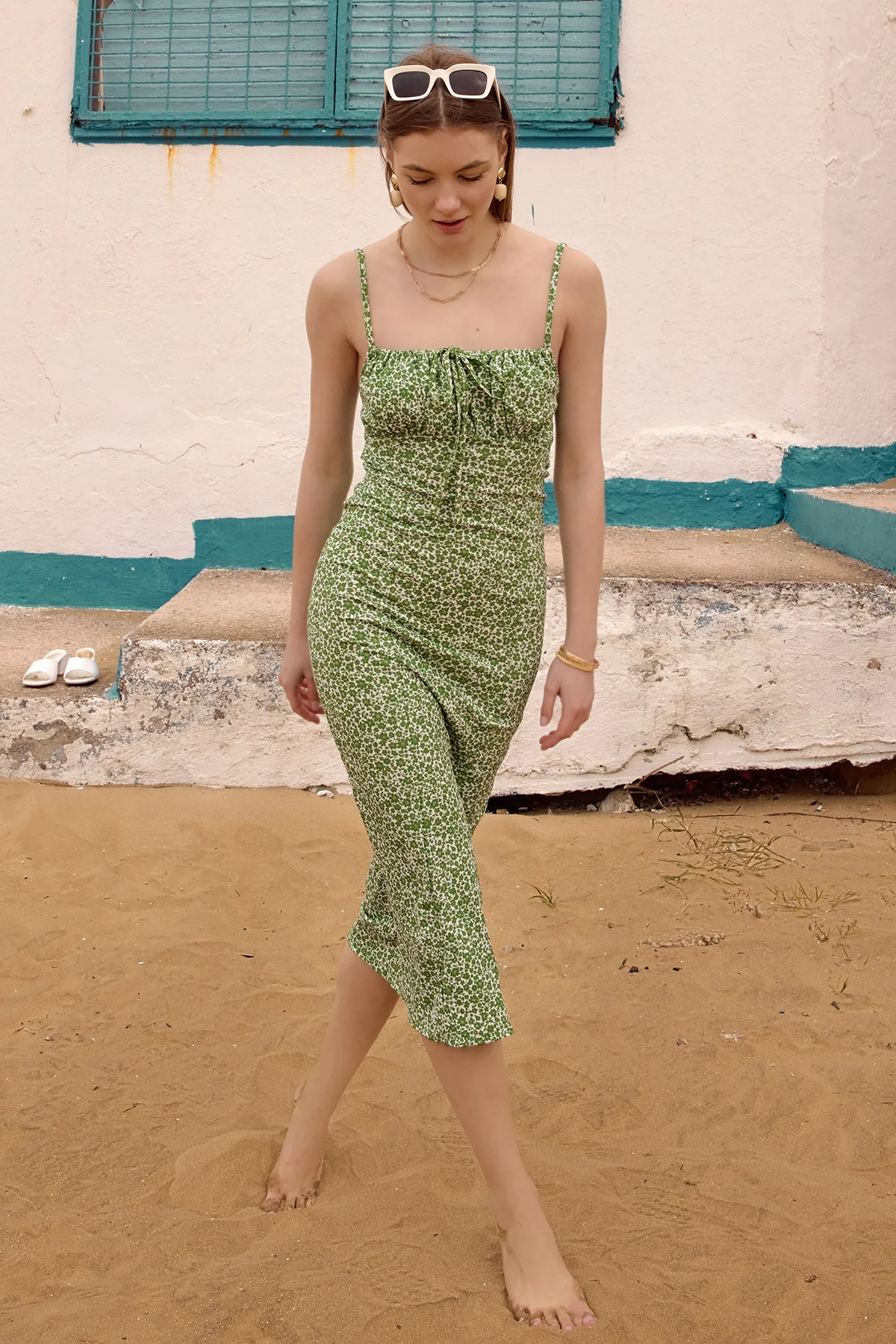 Kadın Yeşil Çiçekli Kadın Yırtmaçlı Elbise